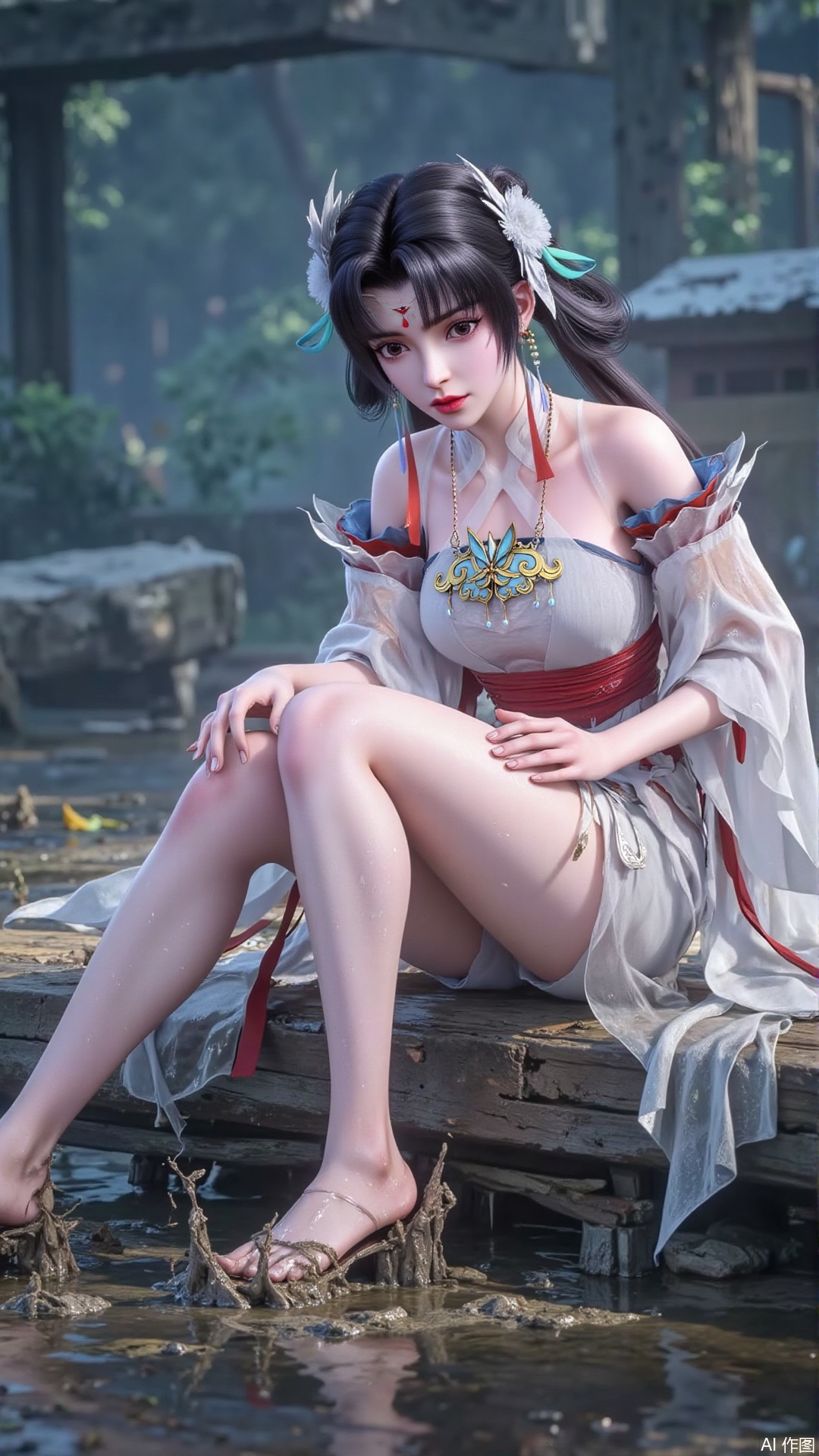 On the clearing ground where the rain had just stopped, a girl in a plain-white Hanfu fell sideways and sat in the mud. The wet clothing was close to the spine, and crystal water marks were hanging from the folds. Her slender legs were exposed, and she crushed her bare feet into the mud barefoot. The splashing mud spots were mixed with water, bursting with traces of varying depths on her white skirt. The pearl tassels in the hair sway violently as the movements were moved, and the pendant in the ears drew fine light and shadow, which complemented the splashing mud flowers, intertwining the embarrassment and beauty into a thrilling broken beauty,soles