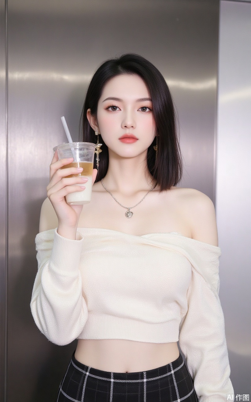 baoshi,lvjing,xiaomei,pifu,black hair,long hair,grey eyes,fair_skin,earrings,jewelry,
1girl,solo,skirt,off shoulder,off-shoulder sweater,jewelry,white sweater,necklace,cup,bare shoulders,holding,sweater,disposable cup,breasts,black skirt,plaid skirt,collarbone,plaid,blurry background,crop top,holding cup,blurry,midriff,long sleeves,large breasts,63, cover,simple background,gradient background,close-up details,outstanding style,adding a touch of dimension to your images without compromising details,close-up