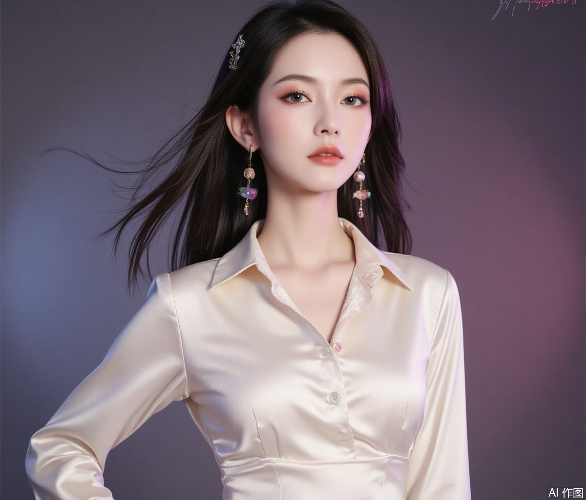 baoshi,lvjing,xiaomei,pifu,black hair,long hair,grey eyes,fair_skin,earrings,jewelry,
1girl,solo,pantyhose,brown hair,dress,hair ornament,makeup,brown eyes,long hair,1,cover,gradient background,close-up details,outstanding style,adding a touch of dimension to your images without compromising details,close-up