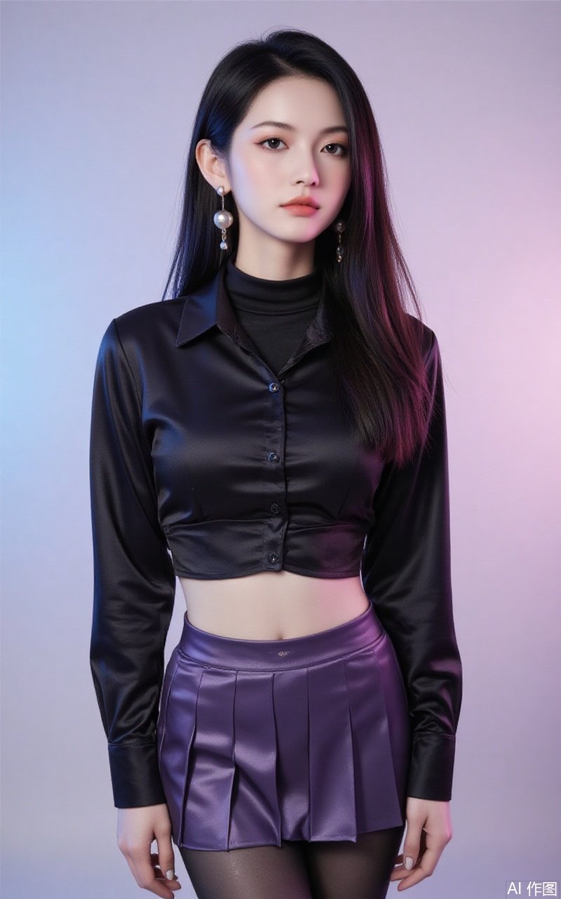 baoshi,lvjing,xiaomei,pifu,black hair,long hair,grey eyes,fair_skin,earrings,jewelry,
1girl,breasts,skirt,solo,pantyhose,large breasts,purple skirt,covered navel,long sleeves,taut clothes,miniskirt,pleated skirt,turtleneck,black shirt,shirt,black pantyhose,taut shirt,64, cover,simple background,gradient background,close-up details,outstanding style,adding a touch of dimension to your images without compromising details,close-up