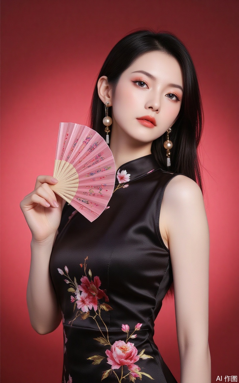 baoshi,lvjing,xiaomei,pifu,black hair,long hair,grey eyes,fair_skin,earrings,jewelry,
1girl,dress,hand fan,holding,solo,earrings,jewelry,chinese clothes,china dress,black dress,holding fan,floral print,blurry,sleeveless,looking at viewer,sleeveless dress,red background,folding fan,standing,head tilt,2,cover,simple background,gradient background,close-up details,outstanding style,adding a touch of dimension to your images without compromising details,close-up