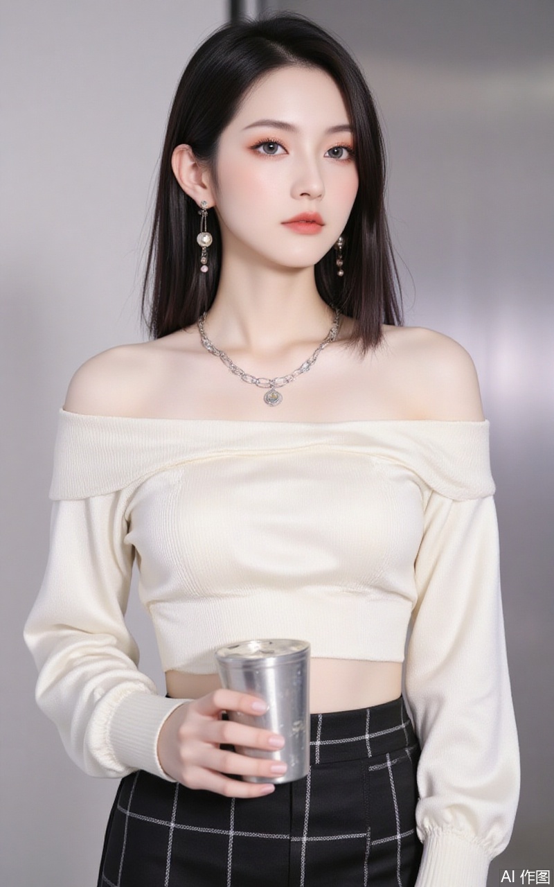 baoshi,lvjing,xiaomei,pifu,black hair,long hair,grey eyes,fair_skin,earrings,jewelry,
1girl,solo,skirt,off shoulder,off-shoulder sweater,jewelry,white sweater,necklace,cup,bare shoulders,holding,sweater,disposable cup,breasts,black skirt,plaid skirt,collarbone,plaid,blurry background,crop top,holding cup,blurry,midriff,long sleeves,large breasts,63, cover,simple background,gradient background,close-up details,outstanding style,adding a touch of dimension to your images without compromising details,close-up