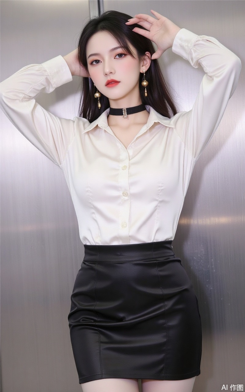 baoshi,lvjing,xiaomei,pifu,black hair,long hair,grey eyes,fair_skin,earrings,jewelry,
1girl,solo,shirt,pencil skirt,skirt,white shirt,black skirt,looking at viewer,collared shirt,collar,thighhighs,long sleeves,arms up,arms behind head,choker,breasts,high-waist skirt,red lips,office lady,lips,standing,cowboy shot,indoors,buttons,black thighhighs,dress shirt,realistic,black choker,cover,simple background,gradient background,close-up details,outstanding style,adding a touch of dimension to your images without compromising details,close-up,