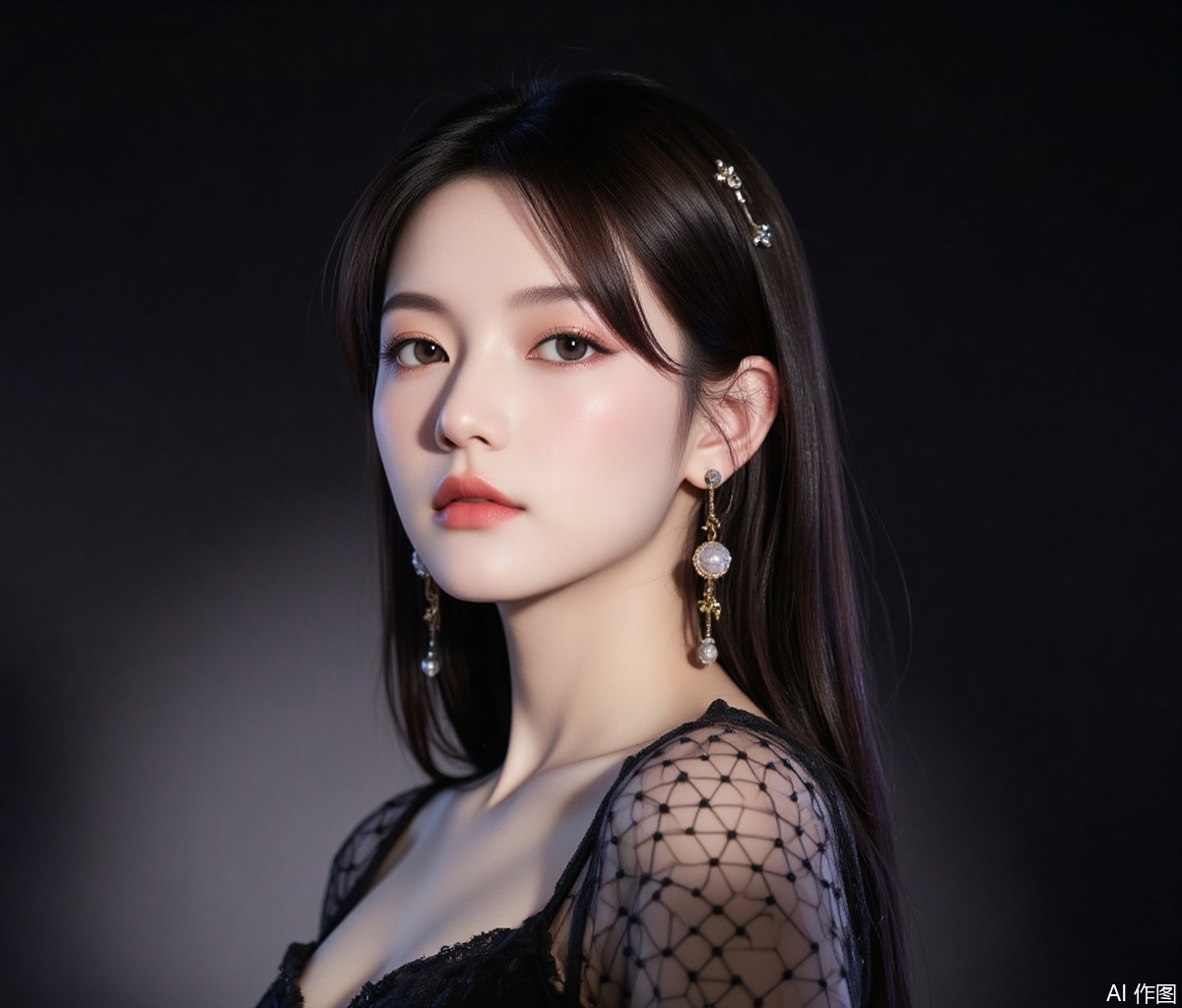 baoshi,lvjing,xiaomei,pifu,black hair,long hair,grey eyes,fair_skin,earrings,jewelry,
1girl, solo, black background, hair ornament, looking at viewer, simple background, black hair, realistic, brown hair, black eyes, lips, upper body, fishnets, swept bangs,7,cover,gradient background,close-up details,outstanding style,adding a touch of dimension to your images without compromising details,close-up,