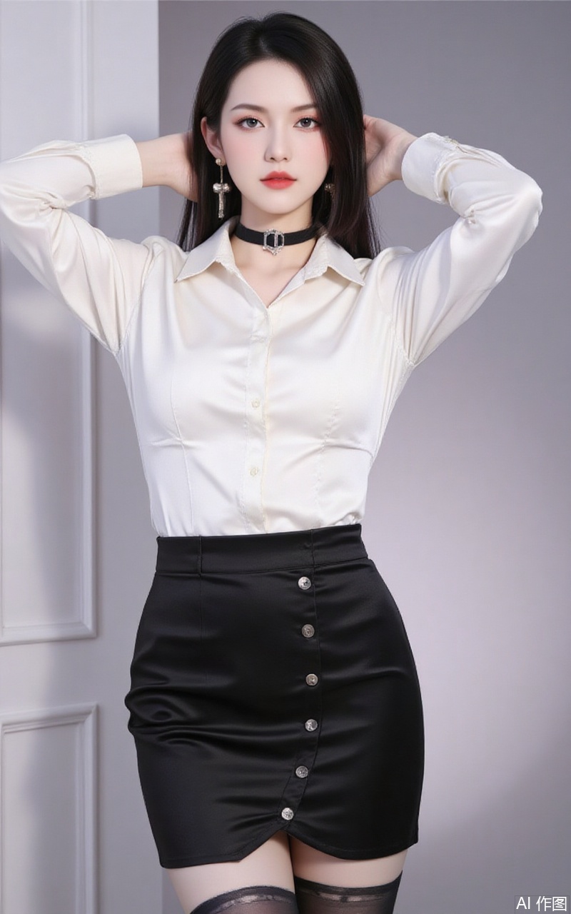 baoshi,lvjing,xiaomei,pifu,black hair,long hair,grey eyes,fair_skin,earrings,jewelry,
1girl,solo,shirt,pencil skirt,skirt,white shirt,black skirt,looking at viewer,collared shirt,collar,thighhighs,long sleeves,arms up,arms behind head,choker,breasts,high-waist skirt,red lips,office lady,lips,standing,cowboy shot,indoors,buttons,black thighhighs,dress shirt,realistic,black choker,cover,simple background,gradient background,close-up details,outstanding style,adding a touch of dimension to your images without compromising details,close-up,