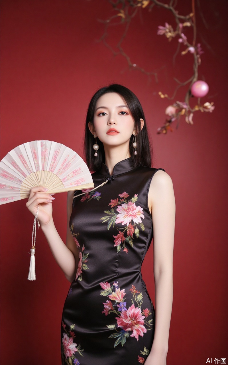 baoshi,lvjing,xiaomei,pifu,black hair,long hair,grey eyes,fair_skin,earrings,jewelry,
1girl,dress,hand fan,holding,solo,earrings,jewelry,chinese clothes,china dress,black dress,holding fan,floral print,blurry,sleeveless,looking at viewer,sleeveless dress,red background,folding fan,standing,head tilt,2,cover,simple background,gradient background,close-up details,outstanding style,adding a touch of dimension to your images without compromising details,close-up