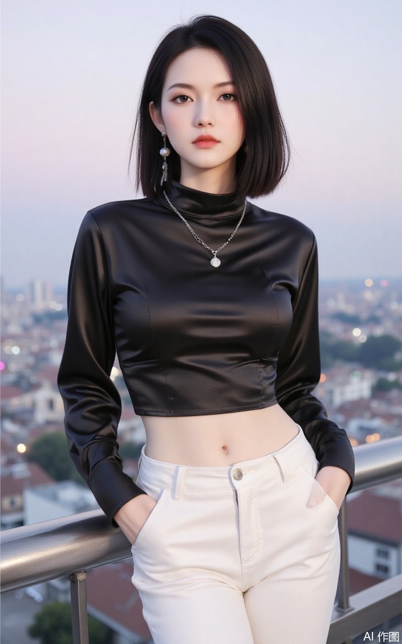 baoshi,lvjing,xiaomei,pifu,black hair,long hair,grey eyes,fair_skin,earrings,jewelry,
1girl, breasts, navel, solo, pants, midriff, crop top, jewelry, necklace, large breasts, long sleeves, black shirt, white pants, shirt, hand in pocket, taut clothes, taut shirt, turtleneck, blurry background, blurry, outdoors, railing, cowboy shot, standing, stomach, short hair, tight clothes, pendant,33,cover,gradient background,close-up details,outstanding style,adding a touch of dimension to your images without compromising details,close-up