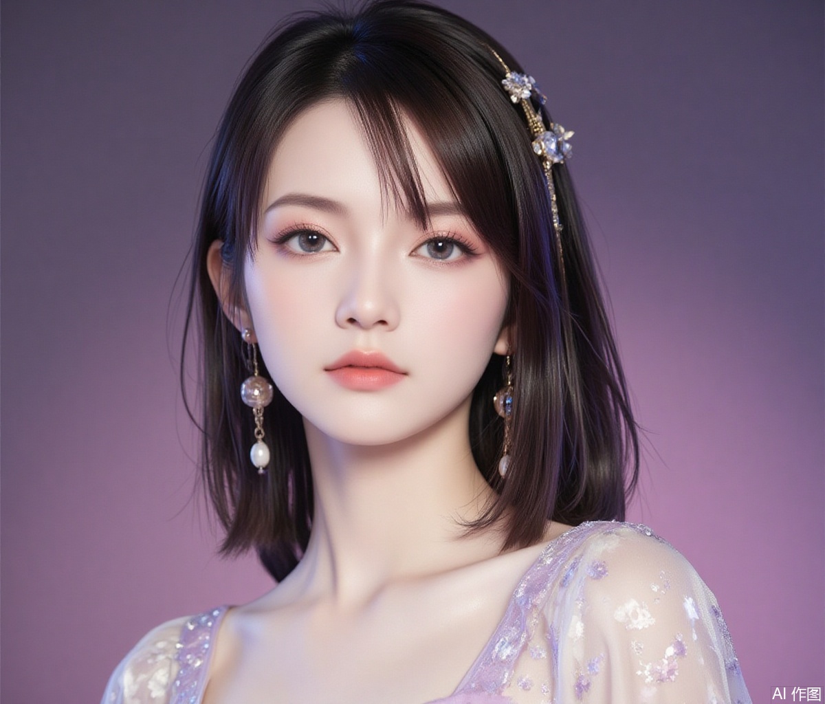 baoshi,lvjing,xiaomei,pifu,black hair,long hair,grey eyes,fair_skin,earrings,jewelry,
1girl,solo,pantyhose,brown hair,dress,hair ornament,makeup,brown eyes,long hair,1,cover,gradient background,close-up details,outstanding style,adding a touch of dimension to your images without compromising details,close-up