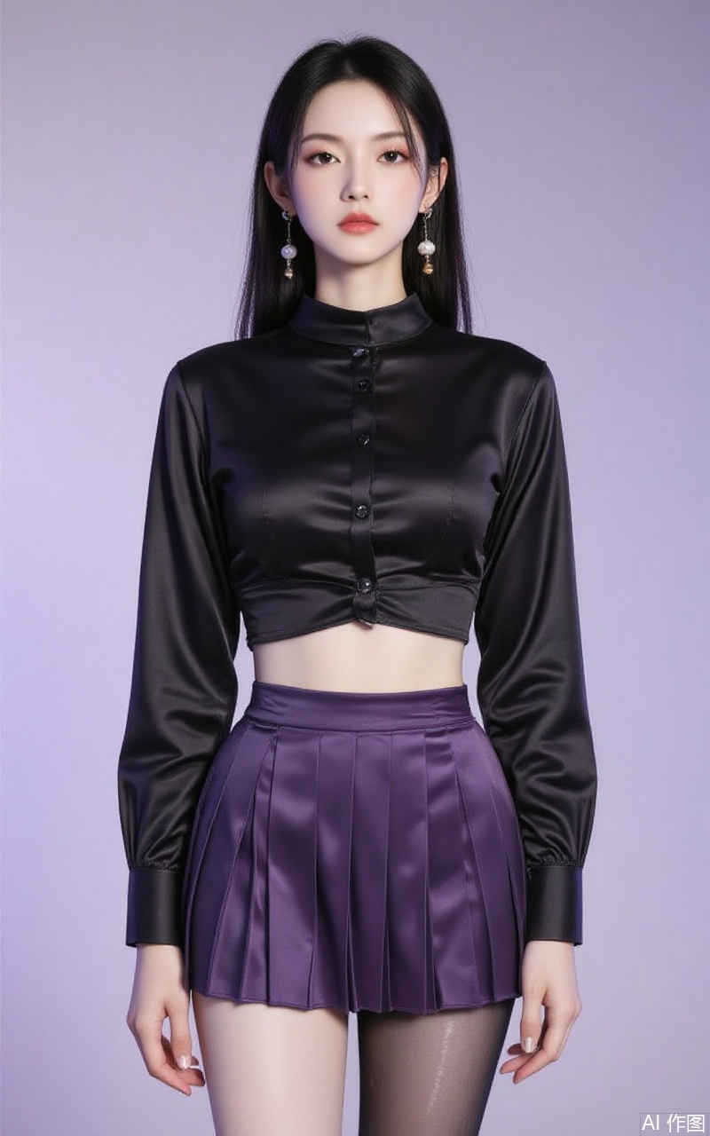 baoshi,lvjing,xiaomei,pifu,black hair,long hair,grey eyes,fair_skin,earrings,jewelry,
1girl,breasts,skirt,solo,pantyhose,large breasts,purple skirt,covered navel,long sleeves,taut clothes,miniskirt,pleated skirt,turtleneck,black shirt,shirt,black pantyhose,taut shirt,64, cover,simple background,gradient background,close-up details,outstanding style,adding a touch of dimension to your images without compromising details,close-up