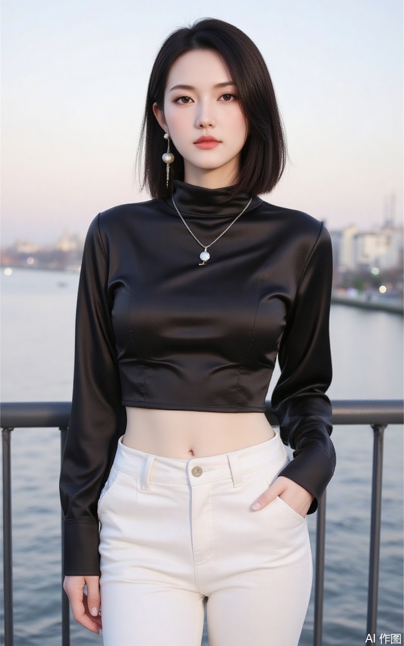 baoshi,lvjing,xiaomei,pifu,black hair,long hair,grey eyes,fair_skin,earrings,jewelry,
1girl, breasts, navel, solo, pants, midriff, crop top, jewelry, necklace, large breasts, long sleeves, black shirt, white pants, shirt, hand in pocket, taut clothes, taut shirt, turtleneck, blurry background, blurry, outdoors, railing, cowboy shot, standing, stomach, short hair, tight clothes, pendant,33,cover,gradient background,close-up details,outstanding style,adding a touch of dimension to your images without compromising details,close-up