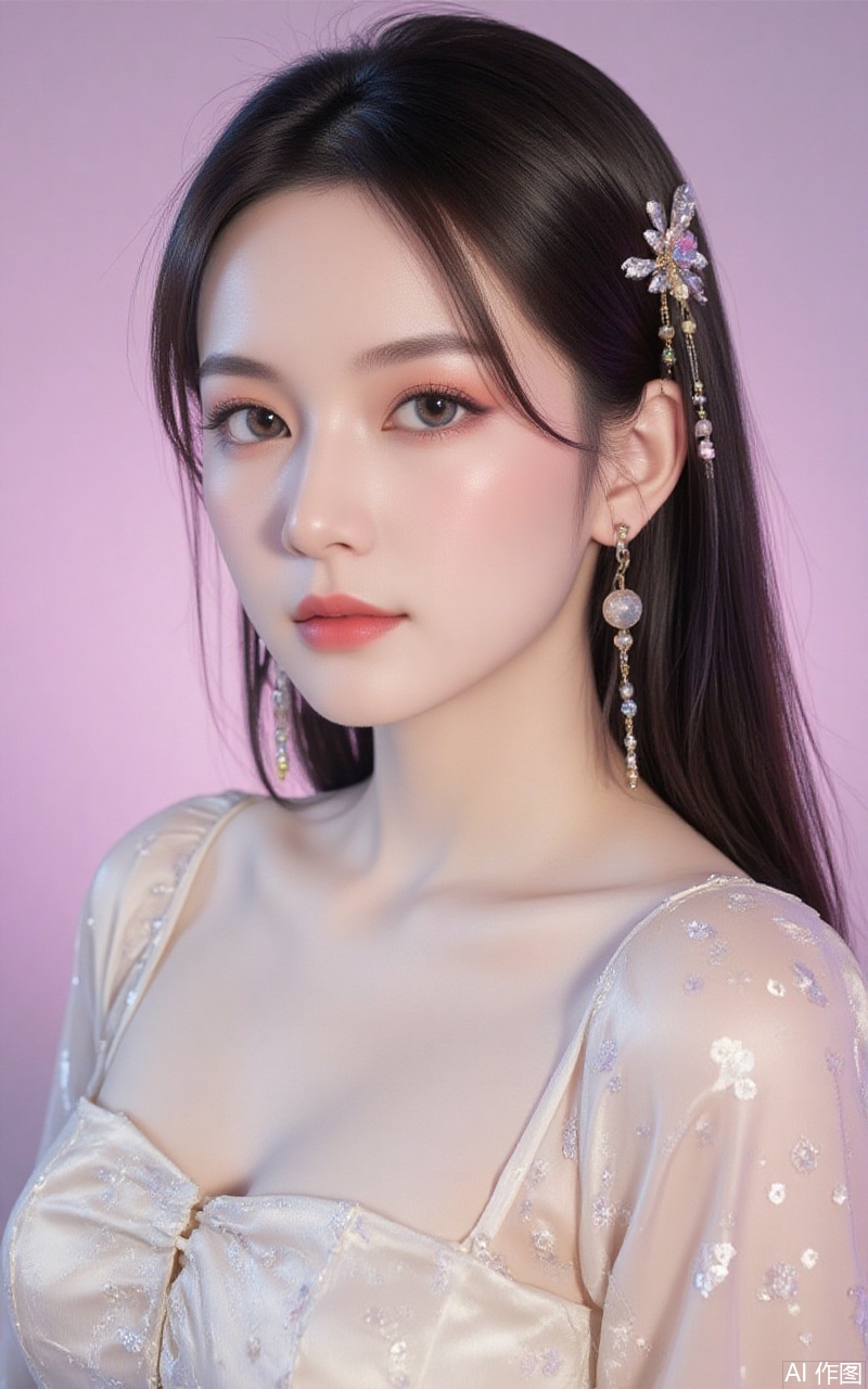 baoshi,lvjing,xiaomei,pifu,black hair,long hair,grey eyes,fair_skin,earrings,jewelry,
1girl,solo,pantyhose,brown hair,dress,hair ornament,makeup,brown eyes,long hair,1,cover,gradient background,close-up details,outstanding style,adding a touch of dimension to your images without compromising details,close-up