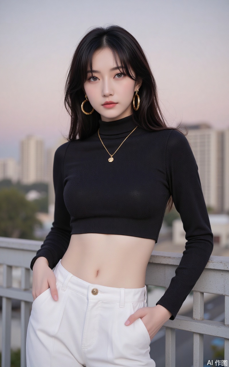 baoshi,lvjing,xiaomei,pifu,black hair,long hair,grey eyes,fair_skin,earrings,jewelry,
1girl, breasts, navel, solo, pants, midriff, crop top, jewelry, necklace, large breasts, long sleeves, black shirt, white pants, shirt, hand in pocket, taut clothes, taut shirt, turtleneck, blurry background, blurry, outdoors, railing, cowboy shot, standing, stomach, short hair, tight clothes, pendant,33,cover,gradient background,close-up details,outstanding style,adding a touch of dimension to your images without compromising details,close-up