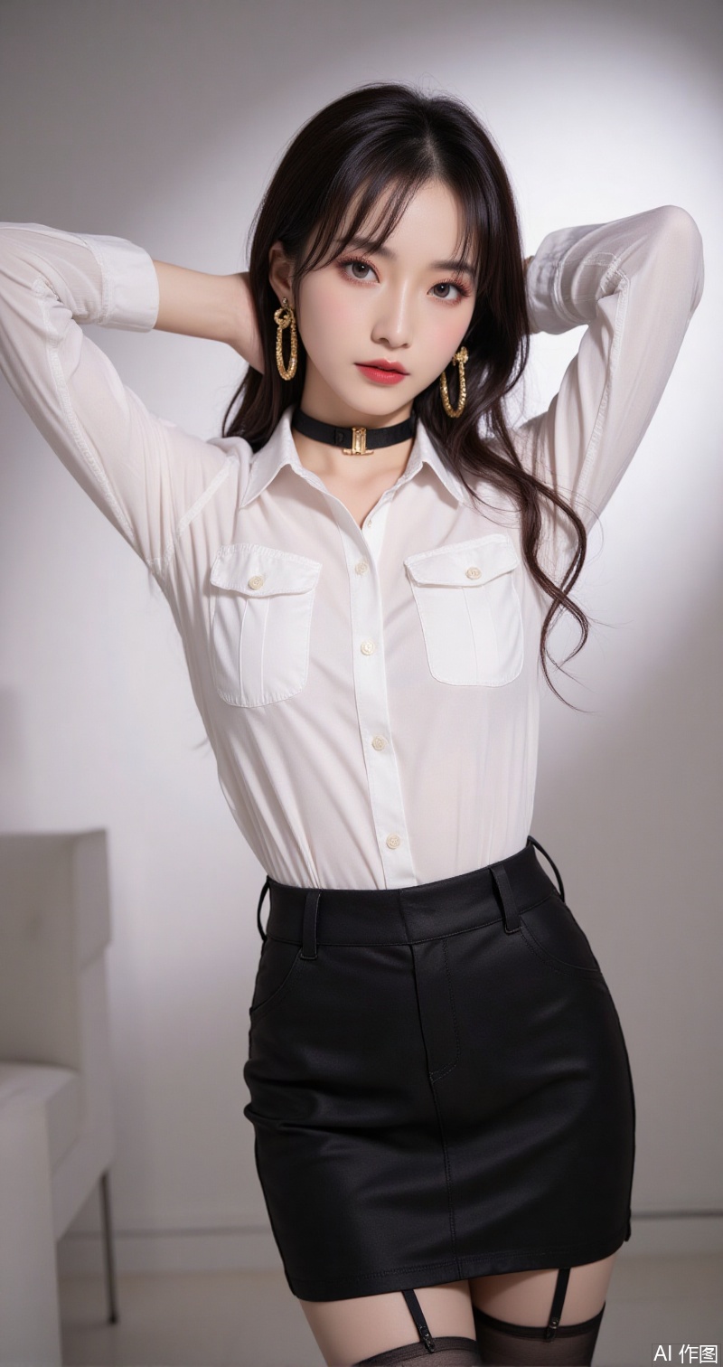 baoshi,lvjing,xiaomei,pifu,black hair,long hair,grey eyes,fair_skin,earrings,jewelry,
girl,solo,shirt,pencil skirt,skirt,white shirt,black skirt,looking at viewer,collared shirt,collar,thighhighs,long sleeves,arms up,arms behind head,choker,breasts,high-waist skirt,red lips,office lady,lips,standing,cowboy shot,indoors,buttons,black thighhighs,dress shirt,realistic,black choker,cover,simple background,gradient background,close-up details,outstanding style,adding a touch of dimension to your images without compromising details,close-up,