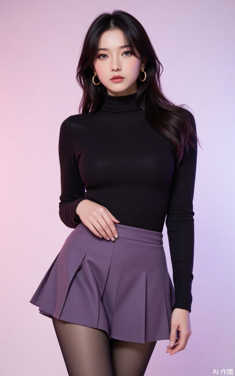 baoshi,lvjing,xiaomei,pifu,black hair,long hair,grey eyes,fair_skin,earrings,jewelry,
1girl,breasts,skirt,solo,pantyhose,large breasts,purple skirt,covered navel,long sleeves,taut clothes,miniskirt,pleated skirt,turtleneck,black shirt,shirt,black pantyhose,taut shirt,64, cover,simple background,gradient background,close-up details,outstanding style,adding a touch of dimension to your images without compromising details,close-up