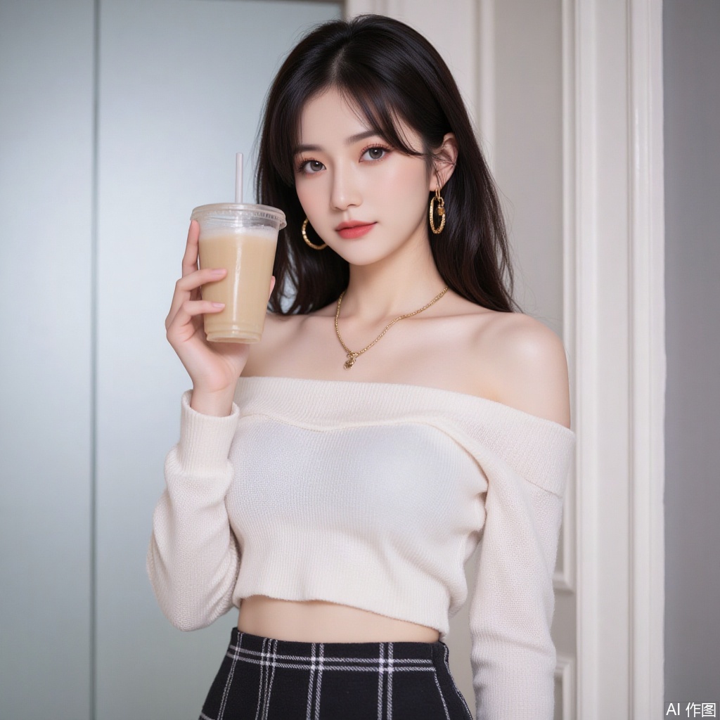 baoshi,lvjing,xiaomei,pifu,black hair,long hair,grey eyes,fair_skin,earrings,jewelry,
1girl,solo,skirt,off shoulder,off-shoulder sweater,jewelry,white sweater,necklace,cup,bare shoulders,holding,sweater,disposable cup,breasts,black skirt,plaid skirt,collarbone,plaid,blurry background,crop top,holding cup,blurry,midriff,long sleeves,large breasts,63, cover,simple background,gradient background,close-up details,outstanding style,adding a touch of dimension to your images without compromising details,close-up