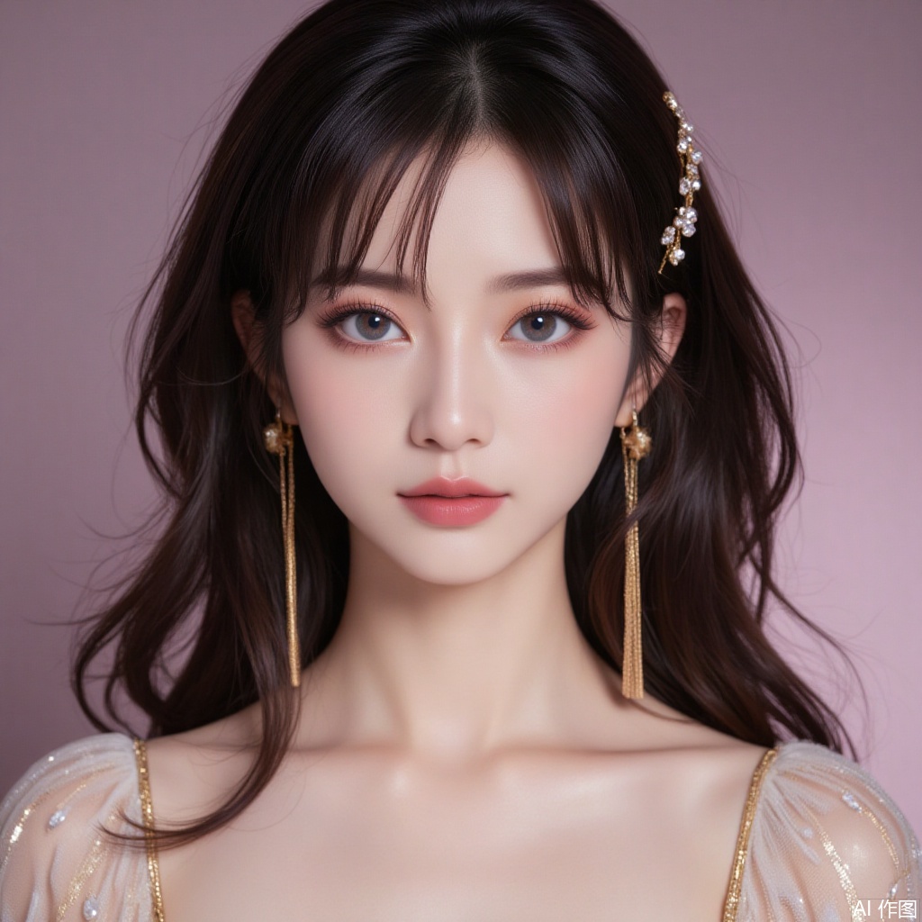 baoshi,lvjing,xiaomei,pifu,black hair,long hair,grey eyes,fair_skin,earrings,jewelry,
1girl,solo,pantyhose,brown hair,dress,hair ornament,makeup,brown eyes,long hair,1,cover,gradient background,close-up details,outstanding style,adding a touch of dimension to your images without compromising details,close-up