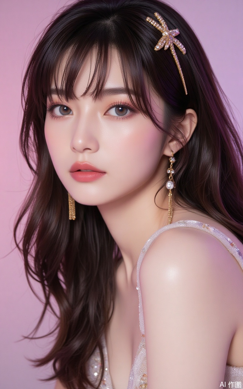 baoshi,lvjing,xiaomei,pifu,black hair,long hair,grey eyes,fair_skin,earrings,jewelry,
1girl,solo,pantyhose,brown hair,dress,hair ornament,makeup,brown eyes,long hair,1,cover,gradient background,close-up details,outstanding style,adding a touch of dimension to your images without compromising details,close-up