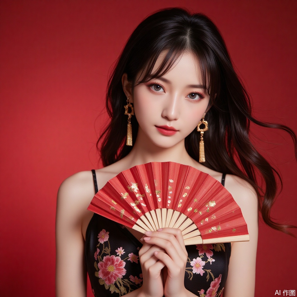 baoshi,lvjing,xiaomei,pifu,black hair,long hair,grey eyes,fair_skin,earrings,jewelry,
1girl,dress,hand fan,holding,solo,earrings,jewelry,chinese clothes,china dress,black dress,holding fan,floral print,blurry,sleeveless,looking at viewer,sleeveless dress,red background,folding fan,standing,head tilt,2,cover,simple background,gradient background,close-up details,outstanding style,adding a touch of dimension to your images without compromising details,close-up