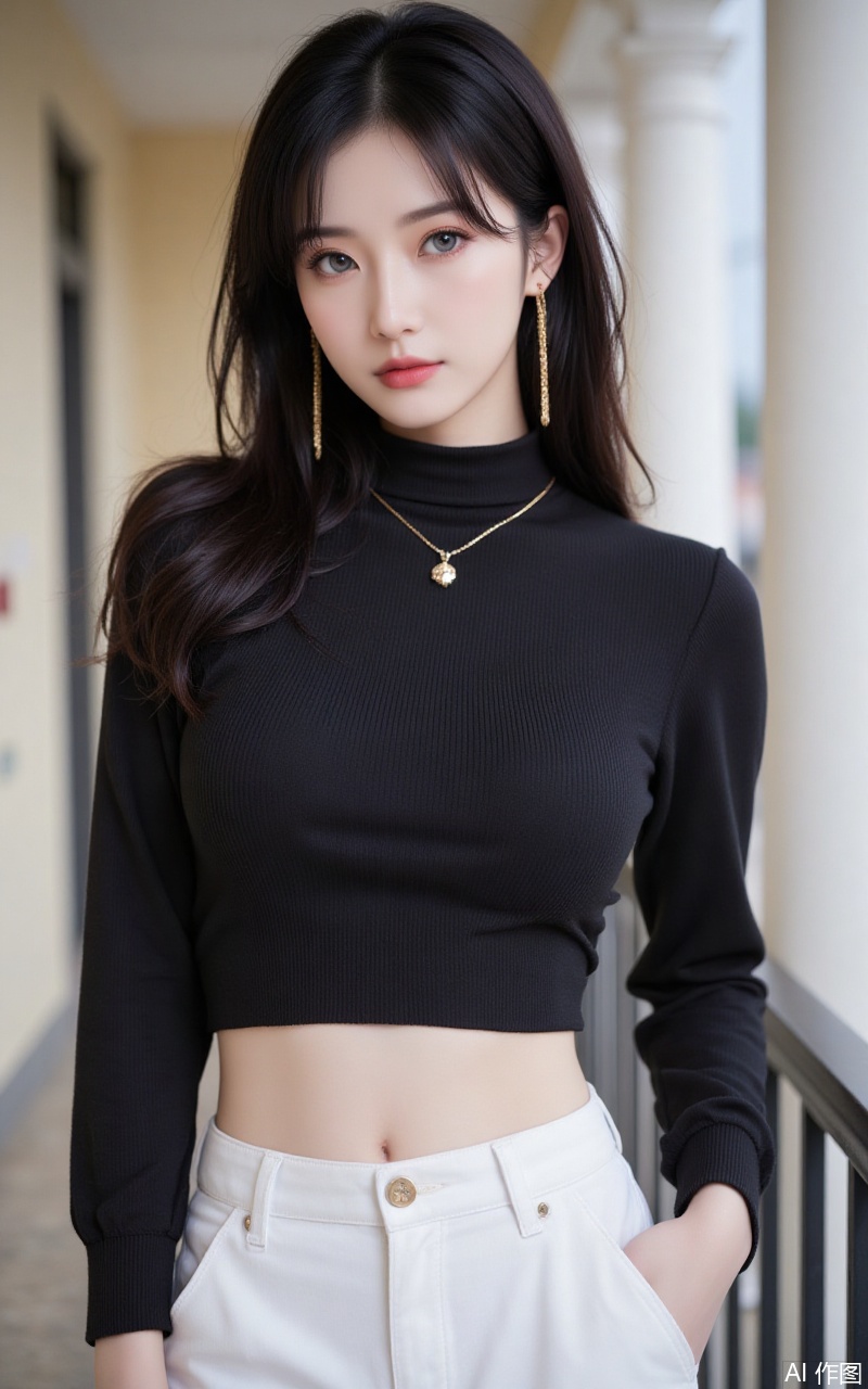 baoshi,lvjing,xiaomei,pifu,black hair,long hair,grey eyes,fair_skin,earrings,jewelry,
1girl, breasts, navel, solo, pants, midriff, crop top, jewelry, necklace, large breasts, long sleeves, black shirt, white pants, shirt, hand in pocket, taut clothes, taut shirt, turtleneck, blurry background, blurry, outdoors, railing, cowboy shot, standing, stomach, short hair, tight clothes, pendant,33,cover,gradient background,close-up details,outstanding style,adding a touch of dimension to your images without compromising details,close-up
