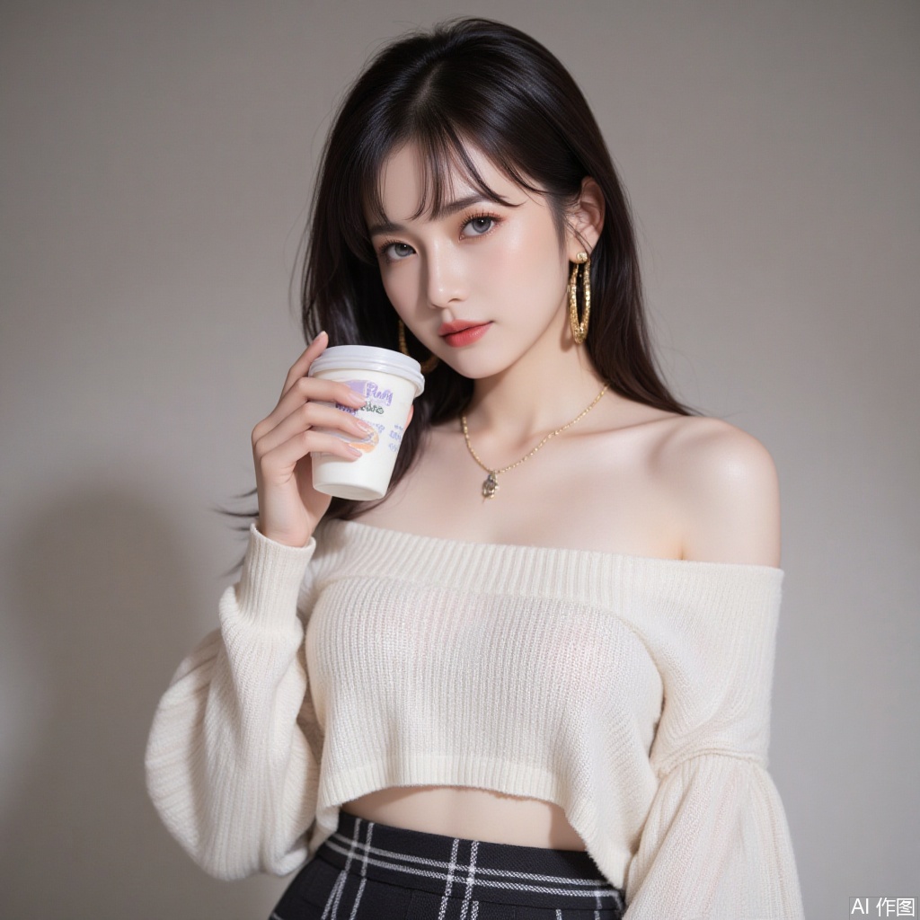 baoshi,lvjing,xiaomei,pifu,black hair,long hair,grey eyes,fair_skin,earrings,jewelry,
1girl,solo,skirt,off shoulder,off-shoulder sweater,jewelry,white sweater,necklace,cup,bare shoulders,holding,sweater,disposable cup,breasts,black skirt,plaid skirt,collarbone,plaid,blurry background,crop top,holding cup,blurry,midriff,long sleeves,large breasts,63, cover,simple background,gradient background,close-up details,outstanding style,adding a touch of dimension to your images without compromising details,close-up