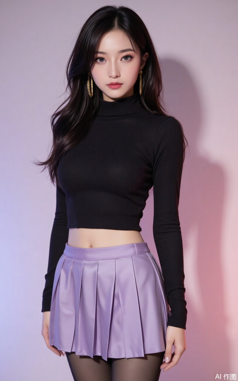 baoshi,lvjing,xiaomei,pifu,black hair,long hair,grey eyes,fair_skin,earrings,jewelry,
1girl,breasts,skirt,solo,pantyhose,large breasts,purple skirt,covered navel,long sleeves,taut clothes,miniskirt,pleated skirt,turtleneck,black shirt,shirt,black pantyhose,taut shirt,64, cover,simple background,gradient background,close-up details,outstanding style,adding a touch of dimension to your images without compromising details,close-up