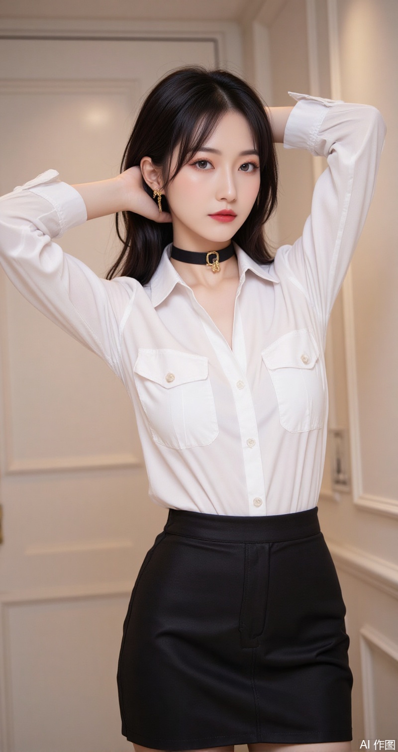 baoshi,lvjing,xiaomei,pifu,black hair,long hair,grey eyes,fair_skin,earrings,jewelry,
girl,solo,shirt,pencil skirt,skirt,white shirt,black skirt,looking at viewer,collared shirt,collar,thighhighs,long sleeves,arms up,arms behind head,choker,breasts,high-waist skirt,red lips,office lady,lips,standing,cowboy shot,indoors,buttons,black thighhighs,dress shirt,realistic,black choker,cover,simple background,gradient background,close-up details,outstanding style,adding a touch of dimension to your images without compromising details,close-up,