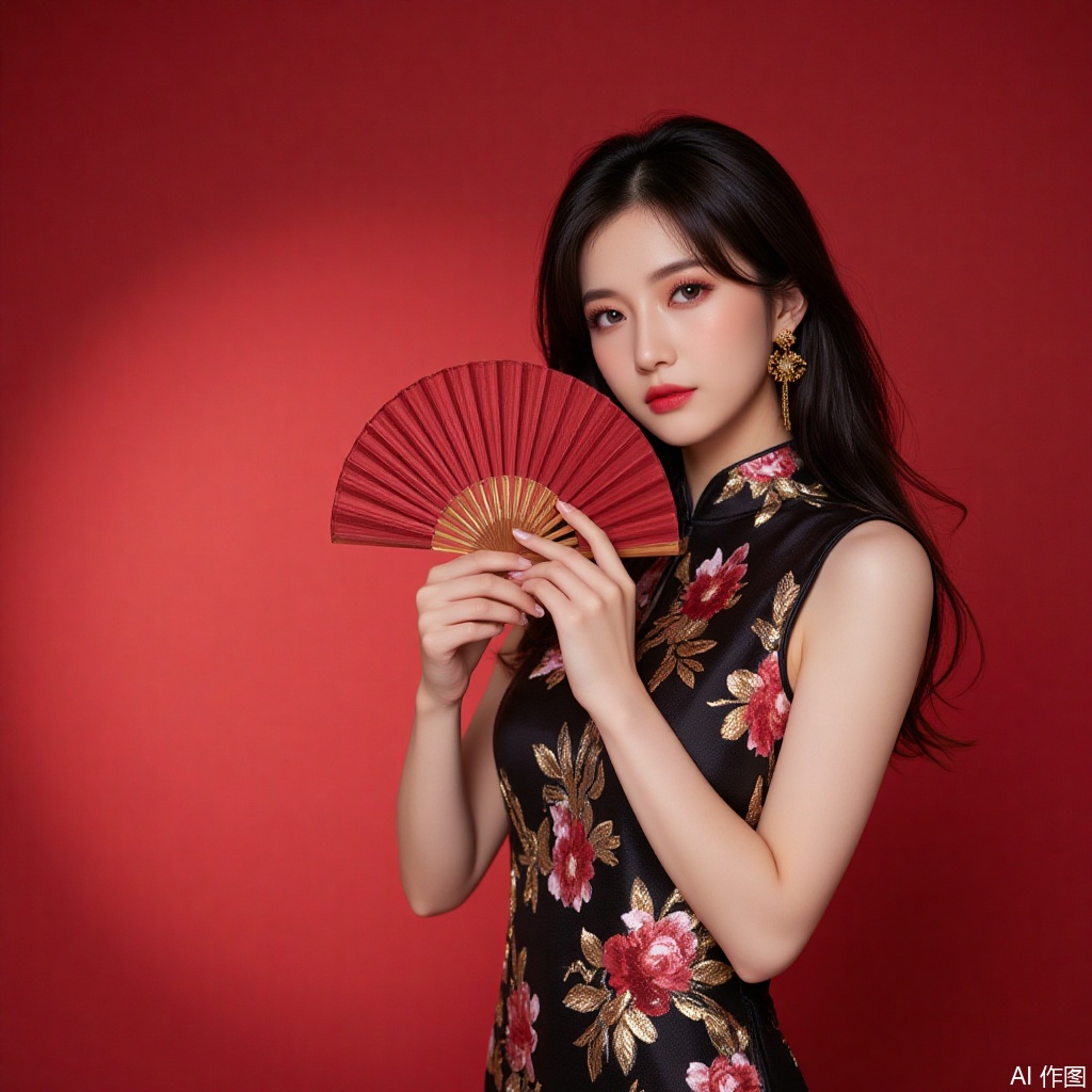 baoshi,lvjing,xiaomei,pifu,black hair,long hair,grey eyes,fair_skin,earrings,jewelry,
1girl,dress,hand fan,holding,solo,earrings,jewelry,chinese clothes,china dress,black dress,holding fan,floral print,blurry,sleeveless,looking at viewer,sleeveless dress,red background,folding fan,standing,head tilt,2,cover,simple background,gradient background,close-up details,outstanding style,adding a touch of dimension to your images without compromising details,close-up