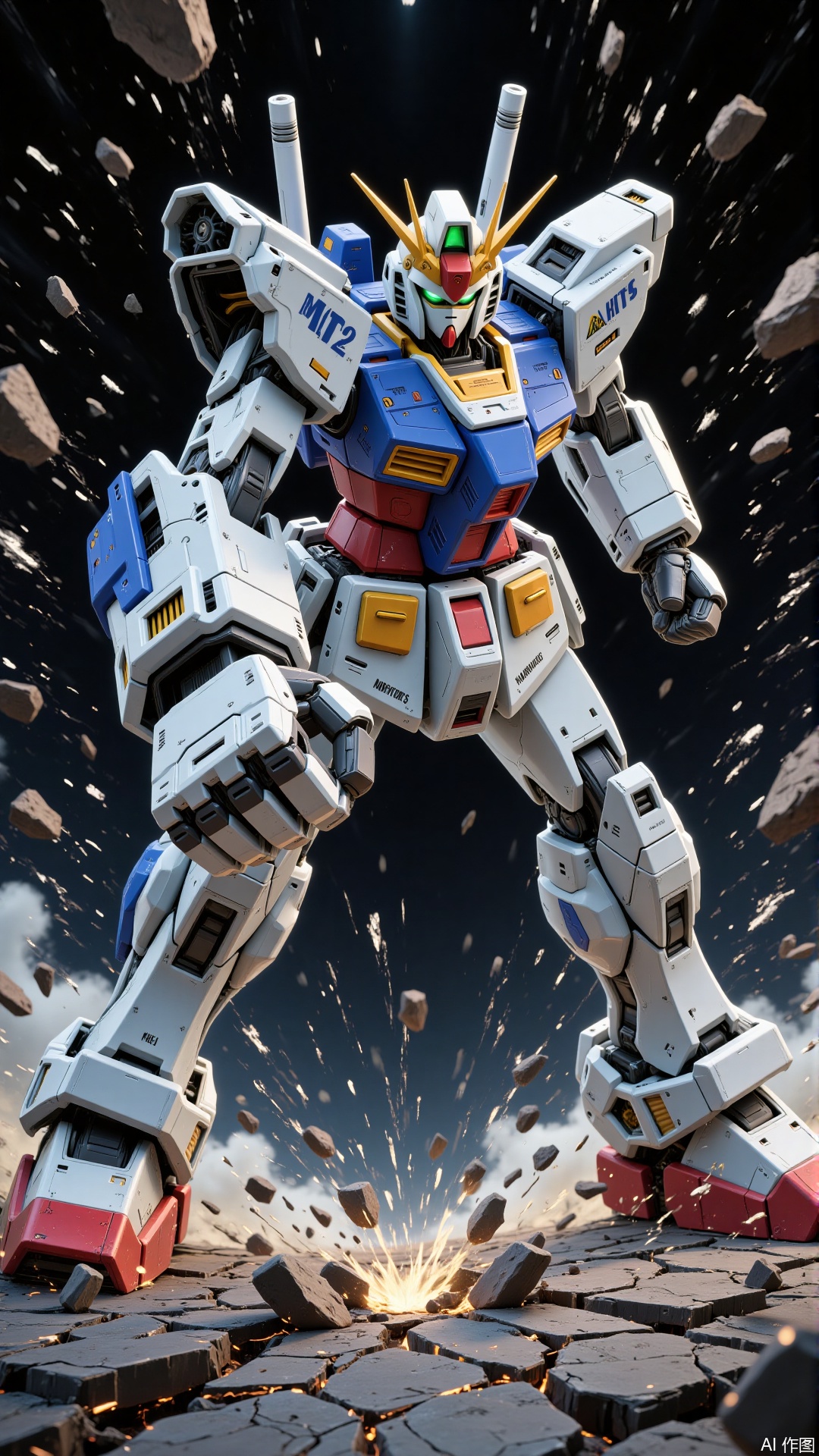 The image depicts a highly detailed and dynamic scene of a mecha, a type of robot often seen in anime and science fiction. The mecha is predominantly white with blue and red accents, featuring intricate mechanical details such as joints, panels, and weaponry. It has a prominent head with a green visor and antennae, giving it a fierce and powerful appearance. The mecha is in an action pose, seemingly moving forward aggressively, with its right arm extended and its left arm slightly bent. The background is dark, with splashes of water and debris flying around, suggesting a recent explosion or intense combat. The ground is cracked and broken, adding to the sense of motion and destruction. The mecha's design is reminiscent of classic mecha series, with a strong emphasis on its mechanical components and combat readiness.