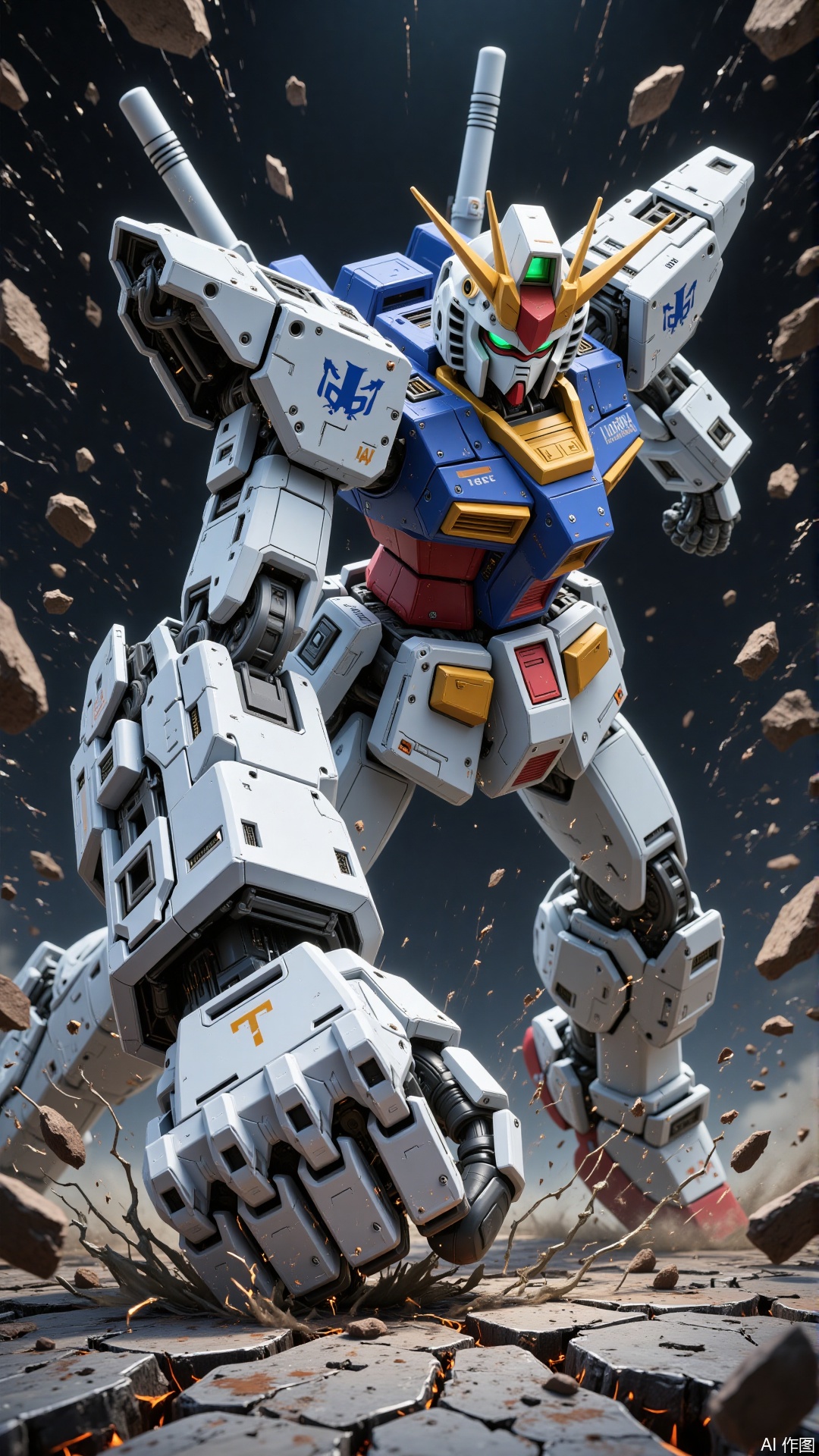 The image depicts a highly detailed and dynamic scene of a mecha, a type of robot often seen in anime and science fiction. The mecha is predominantly white with blue and red accents, featuring intricate mechanical details such as joints, panels, and weaponry. It has a prominent head with a green visor and antennae, giving it a fierce and powerful appearance. The mecha is in an action pose, seemingly moving forward aggressively, with its right arm extended and its left arm slightly bent. The background is dark, with splashes of water and debris flying around, suggesting a recent explosion or intense combat. The ground is cracked and broken, adding to the sense of motion and destruction. The mecha's design is reminiscent of classic mecha series, with a strong emphasis on its mechanical components and combat readiness.