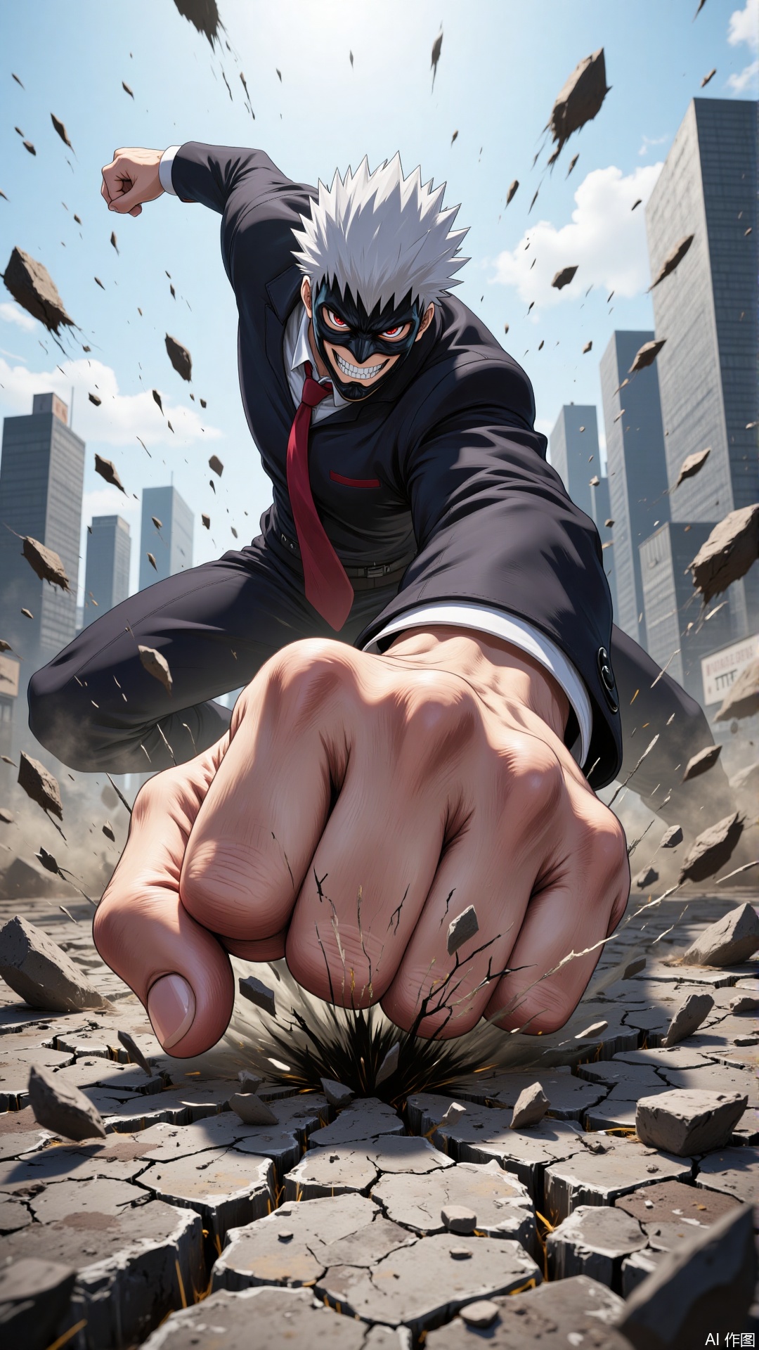 The image depicts a dramatic scene with a character in the foreground, wearing a black suit and a red tie, and a white, spiky hairstyle. The character is wearing a black mask that covers the lower half of their face, revealing only their eyes. They are in a dynamic pose, appearing to be in the midst of a powerful action, with their fist extended forward and cracking through the ground beneath it. The background shows a cityscape with tall buildings and a clear sky, suggesting an urban environment. The overall atmosphere is intense and action-packed, with debris flying around the character's fist.