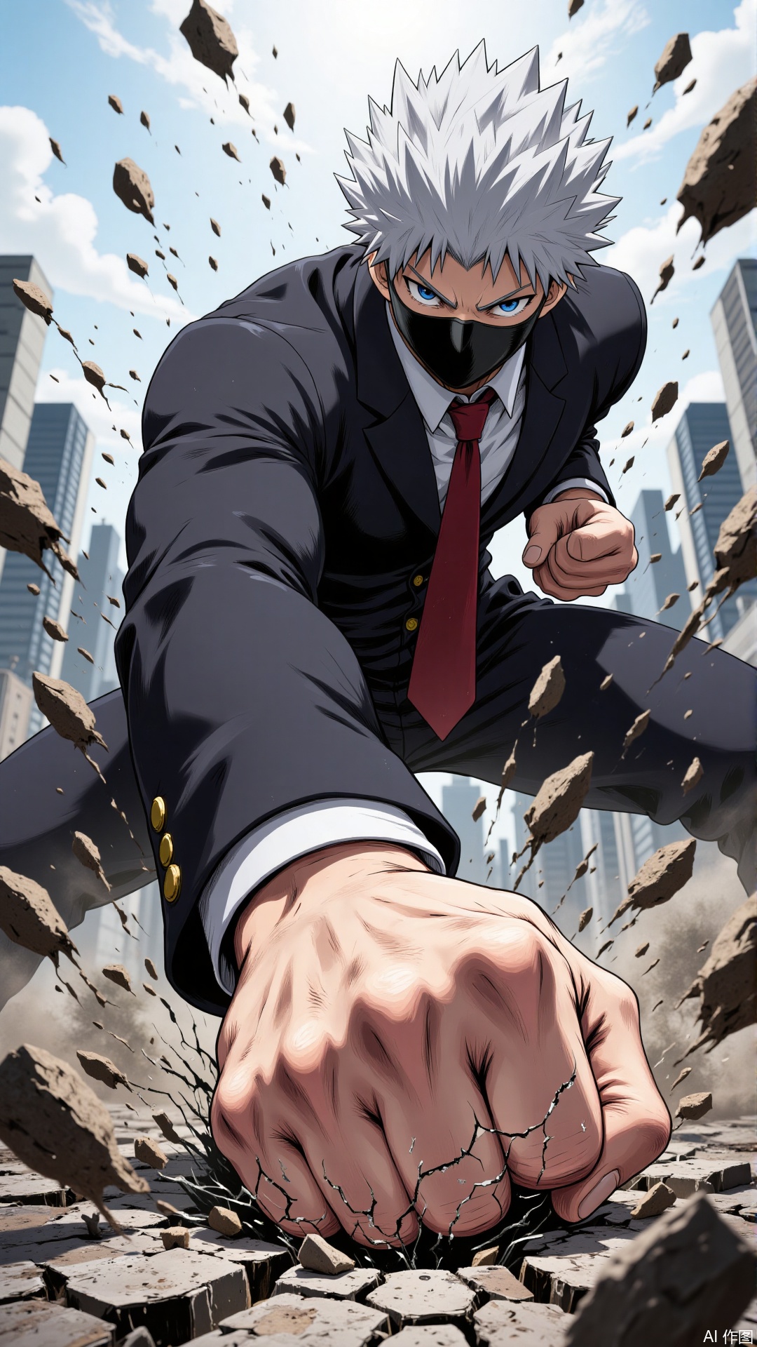 The image depicts a dramatic scene with a character in the foreground, wearing a black suit and a red tie, and a white, spiky hairstyle. The character is wearing a black mask that covers the lower half of their face, revealing only their eyes. They are in a dynamic pose, appearing to be in the midst of a powerful action, with their fist extended forward and cracking through the ground beneath it. The background shows a cityscape with tall buildings and a clear sky, suggesting an urban environment. The overall atmosphere is intense and action-packed, with debris flying around the character's fist.
