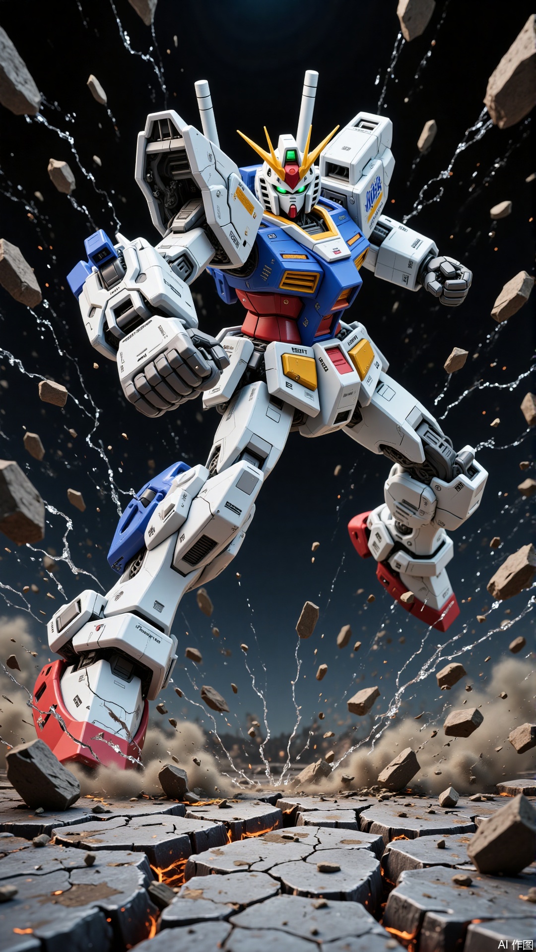 The image depicts a highly detailed and dynamic scene of a mecha, a type of robot often seen in anime and science fiction. The mecha is predominantly white with blue and red accents, featuring intricate mechanical details such as joints, panels, and weaponry. It has a prominent head with a green visor and antennae, giving it a fierce and powerful appearance. The mecha is in an action pose, seemingly moving forward aggressively, with its right arm extended and its left arm slightly bent. The background is dark, with splashes of water and debris flying around, suggesting a recent explosion or intense combat. The ground is cracked and broken, adding to the sense of motion and destruction. The mecha's design is reminiscent of classic mecha series, with a strong emphasis on its mechanical components and combat readiness.