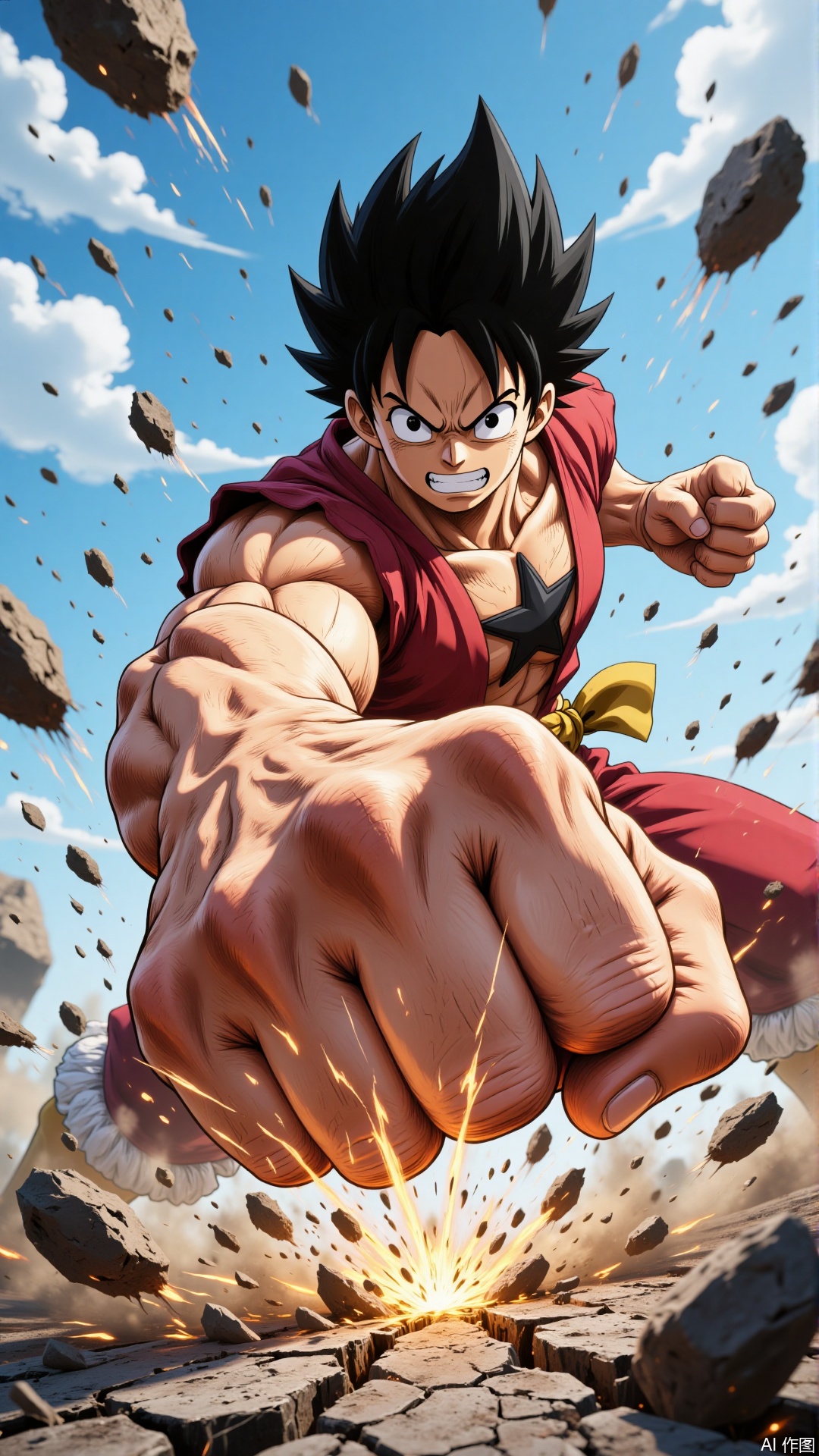 The image depicts a muscular character with spiky black hair, wearing a red shirt with a star design on the chest. The character is striking a powerful pose, with one hand extended forward, causing a large crack in the ground beneath it. The background shows a clear blue sky with scattered clouds, and there are several rocks and debris flying around the character, suggesting movement or impact. The character's expression is intense, conveying determination and strength.