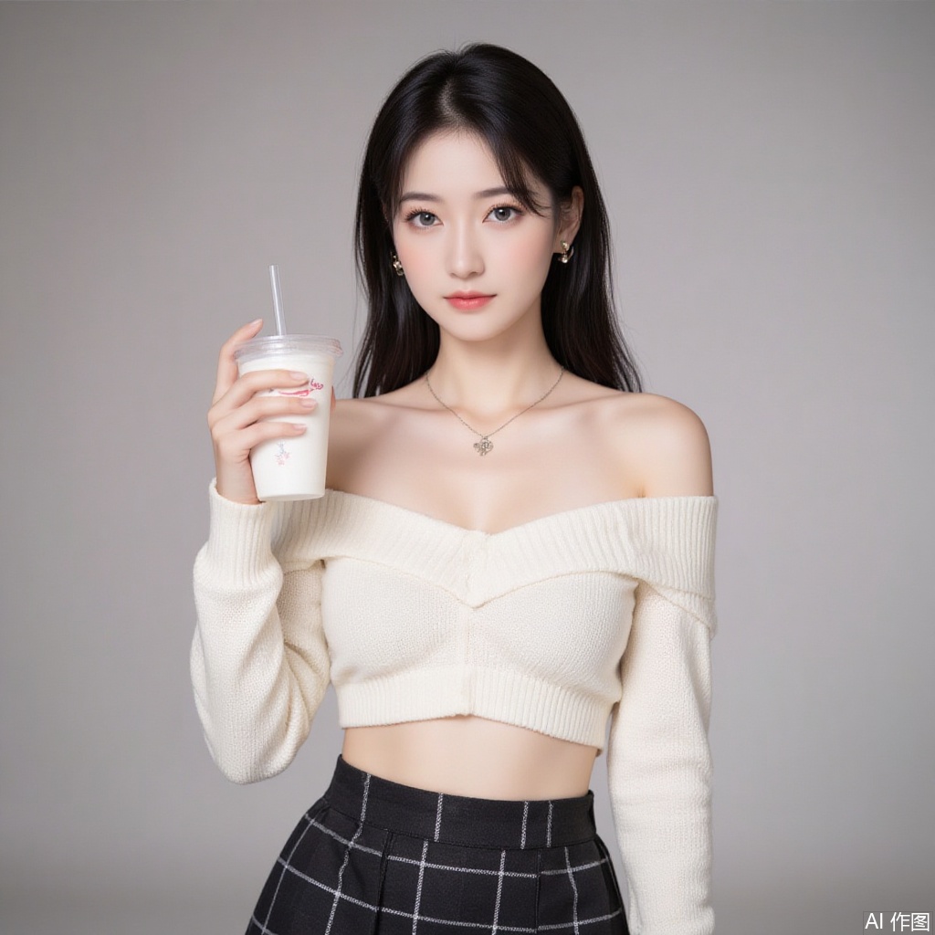 baoshi,lvjing,xiaomei,pifu,black hair,long hair,grey eyes,fair_skin,earrings,jewelry,
1girl,solo,skirt,off shoulder,off-shoulder sweater,jewelry,white sweater,necklace,cup,bare shoulders,holding,sweater,disposable cup,breasts,black skirt,plaid skirt,collarbone,plaid,blurry background,crop top,holding cup,blurry,midriff,long sleeves,large breasts,63, cover,simple background,gradient background,close-up details,outstanding style,adding a touch of dimension to your images without compromising details,close-up