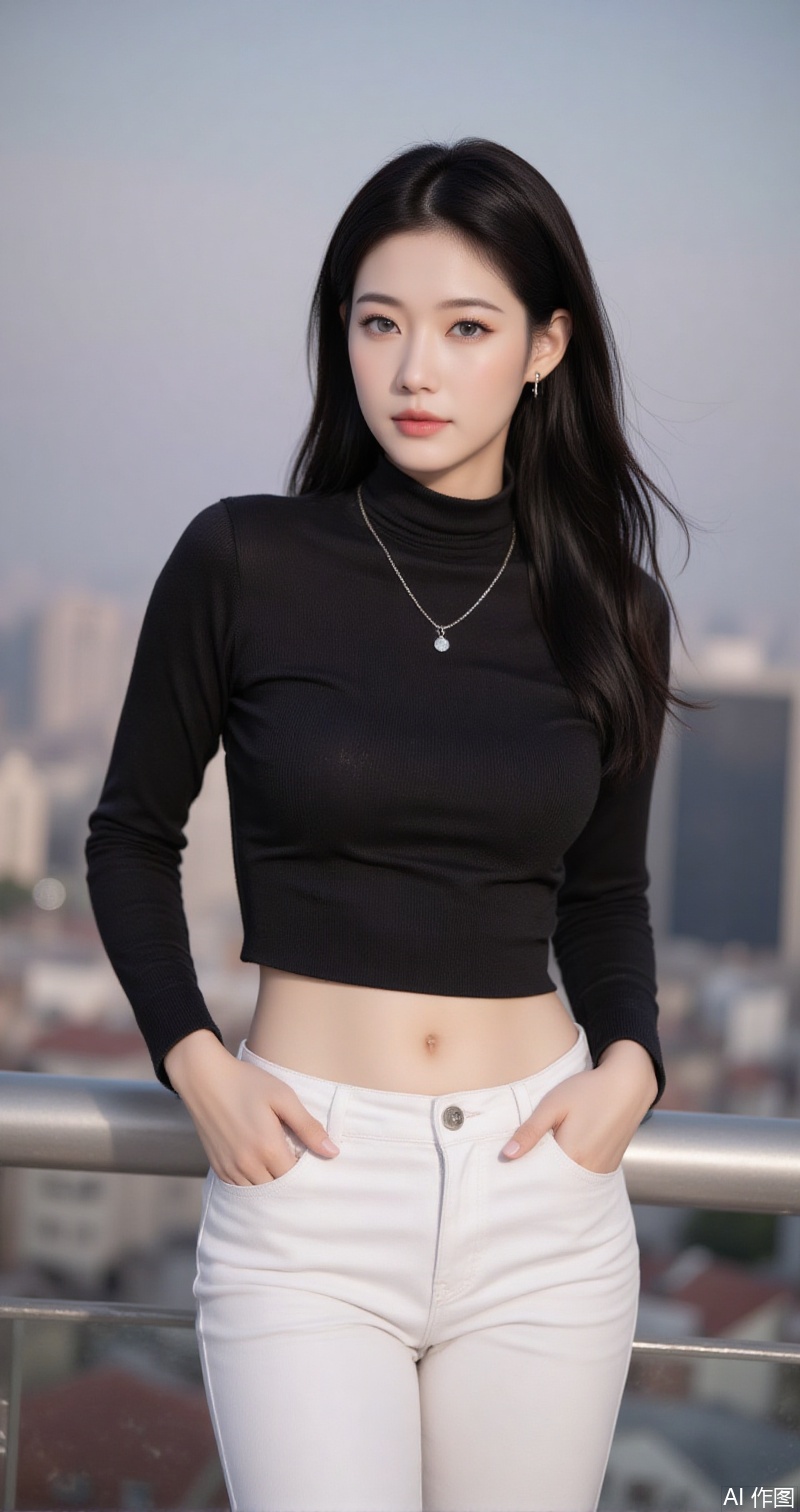 baoshi,lvjing,xiaomei,pifu,black hair,long hair,grey eyes,fair_skin,earrings,jewelry,
1girl, breasts, navel, solo, pants, midriff, crop top, jewelry, necklace, large breasts, long sleeves, black shirt, white pants, shirt, hand in pocket, taut clothes, taut shirt, turtleneck, blurry background, blurry, outdoors, railing, cowboy shot, standing, stomach, short hair, tight clothes, pendant,33,cover,gradient background,close-up details,outstanding style,adding a touch of dimension to your images without compromising details,close-up