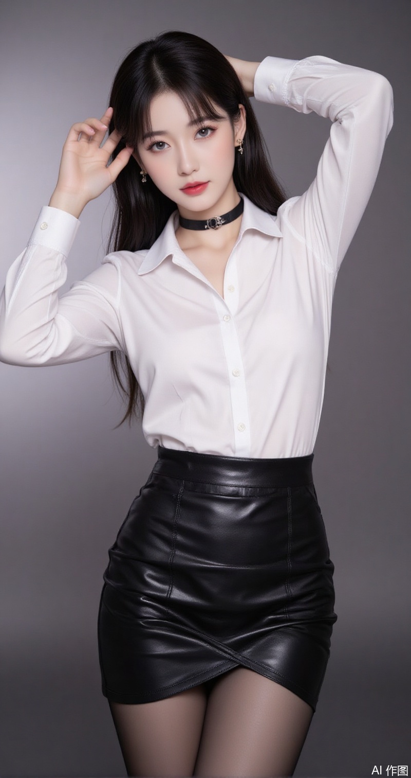 baoshi,lvjing,xiaomei,pifu,black hair,long hair,grey eyes,fair_skin,earrings,jewelry,
girl,solo,shirt,pencil skirt,skirt,white shirt,black skirt,looking at viewer,collared shirt,collar,thighhighs,long sleeves,arms up,arms behind head,choker,breasts,high-waist skirt,red lips,office lady,lips,standing,cowboy shot,indoors,buttons,black thighhighs,dress shirt,realistic,black choker,cover,simple background,gradient background,close-up details,outstanding style,adding a touch of dimension to your images without compromising details,close-up,