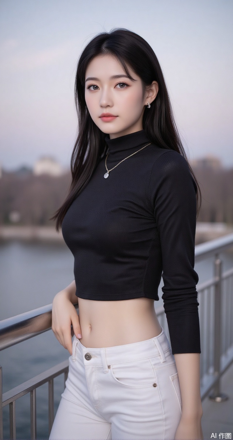 baoshi,lvjing,xiaomei,pifu,black hair,long hair,grey eyes,fair_skin,earrings,jewelry,
1girl, breasts, navel, solo, pants, midriff, crop top, jewelry, necklace, large breasts, long sleeves, black shirt, white pants, shirt, hand in pocket, taut clothes, taut shirt, turtleneck, blurry background, blurry, outdoors, railing, cowboy shot, standing, stomach, short hair, tight clothes, pendant,33,cover,gradient background,close-up details,outstanding style,adding a touch of dimension to your images without compromising details,close-up