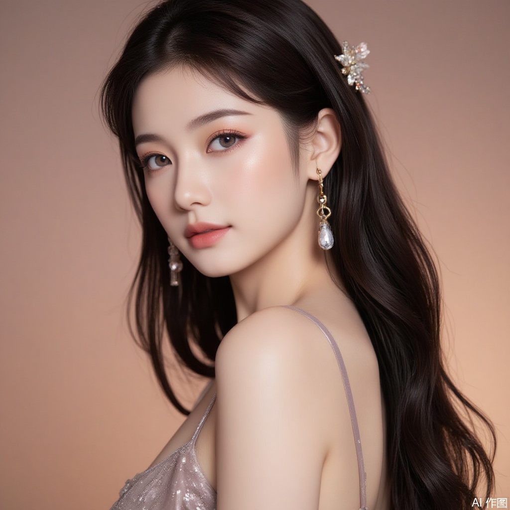 baoshi,lvjing,xiaomei,pifu,black hair,long hair,grey eyes,fair_skin,earrings,jewelry,
 1girl,solo,pantyhose,brown hair,dress,hair ornament,makeup,brown eyes,long hair,1,cover,gradient background,close-up details,outstanding style,adding a touch of dimension to your images without compromising details,close-up