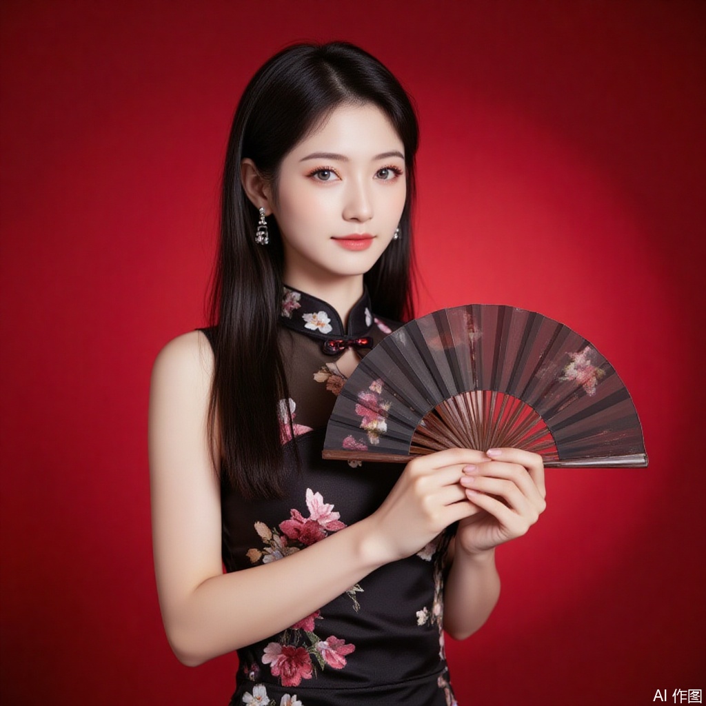 baoshi,lvjing,xiaomei,pifu,black hair,long hair,grey eyes,fair_skin,earrings,jewelry,
  1girl,dress,hand fan,holding,solo,earrings,jewelry,chinese clothes,china dress,black dress,holding fan,floral print,blurry,sleeveless,looking at viewer,sleeveless dress,red background,folding fan,standing,head tilt,2,cover,simple background,gradient background,close-up details,outstanding style,adding a touch of dimension to your images without compromising details,close-up