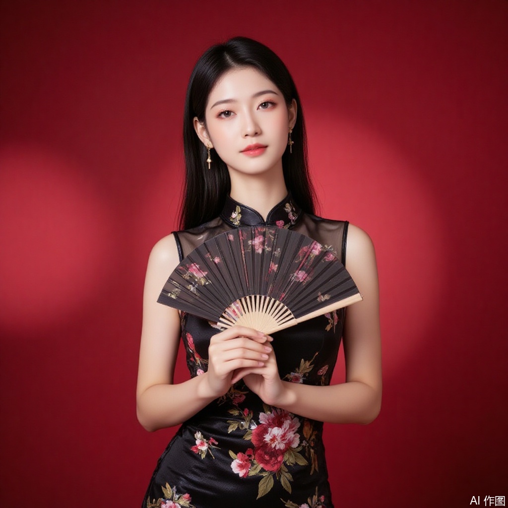baoshi,lvjing,xiaomei,pifu,black hair,long hair,grey eyes,fair_skin,earrings,jewelry,
1girl,dress,hand fan,holding,solo,earrings,jewelry,chinese clothes,china dress,black dress,holding fan,floral print,blurry,sleeveless,looking at viewer,sleeveless dress,red background,folding fan,standing,head tilt,2,cover,simple background,gradient background,close-up details,outstanding style,adding a touch of dimension to your images without compromising details,close-up