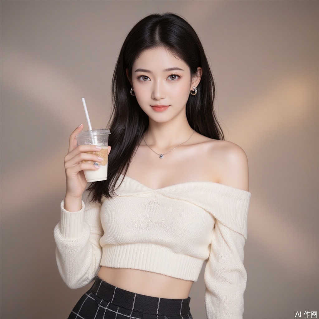 baoshi,lvjing,xiaomei,pifu,black hair,long hair,grey eyes,fair_skin,earrings,jewelry,
1girl,solo,skirt,off shoulder,off-shoulder sweater,jewelry,white sweater,necklace,cup,bare shoulders,holding,sweater,disposable cup,breasts,black skirt,plaid skirt,collarbone,plaid,blurry background,crop top,holding cup,blurry,midriff,long sleeves,large breasts,63, cover,simple background,gradient background,close-up details,outstanding style,adding a touch of dimension to your images without compromising details,close-up