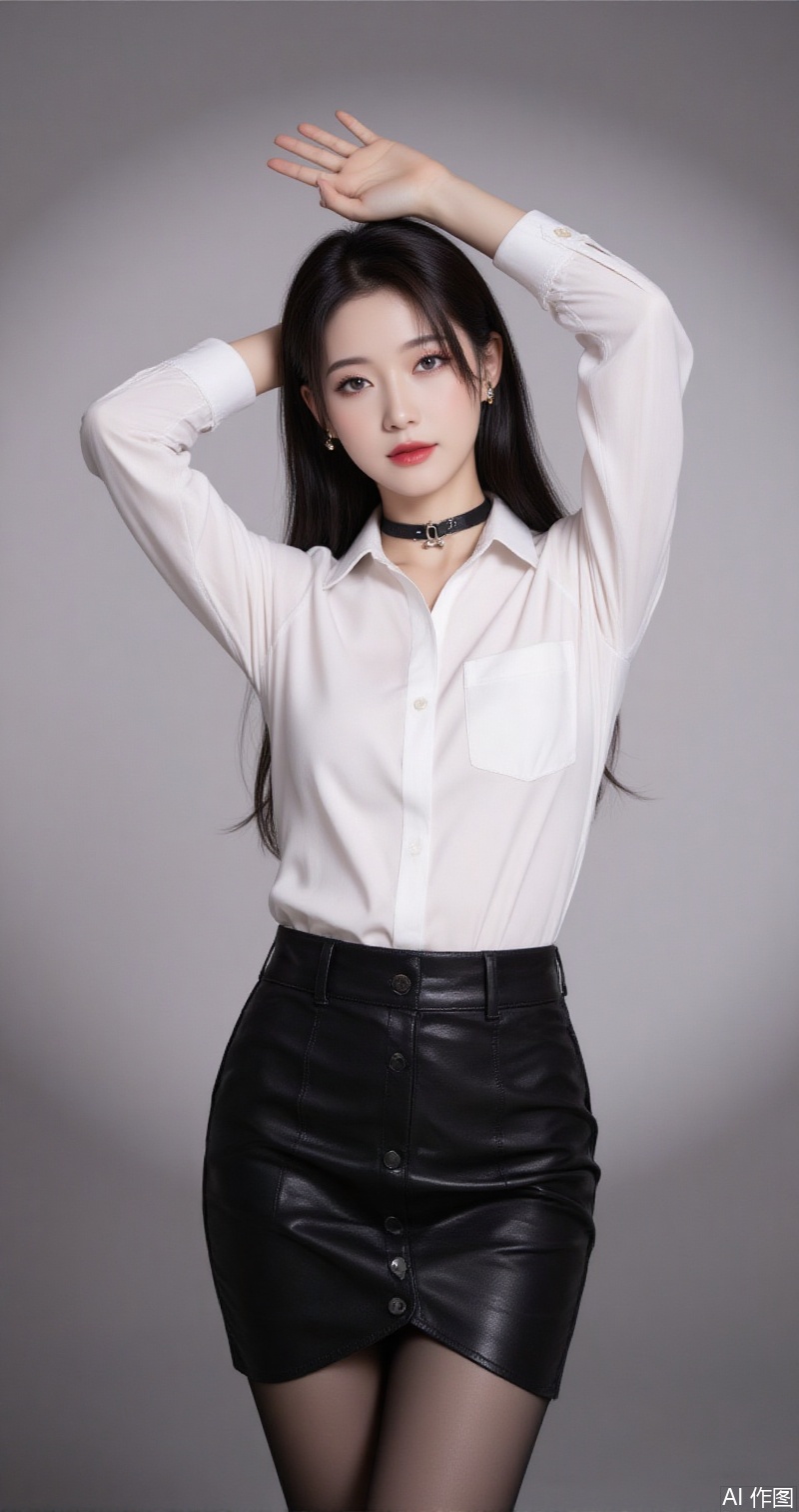 baoshi,lvjing,xiaomei,pifu,black hair,long hair,grey eyes,fair_skin,earrings,jewelry,
girl,solo,shirt,pencil skirt,skirt,white shirt,black skirt,looking at viewer,collared shirt,collar,thighhighs,long sleeves,arms up,arms behind head,choker,breasts,high-waist skirt,red lips,office lady,lips,standing,cowboy shot,indoors,buttons,black thighhighs,dress shirt,realistic,black choker,cover,simple background,gradient background,close-up details,outstanding style,adding a touch of dimension to your images without compromising details,close-up,