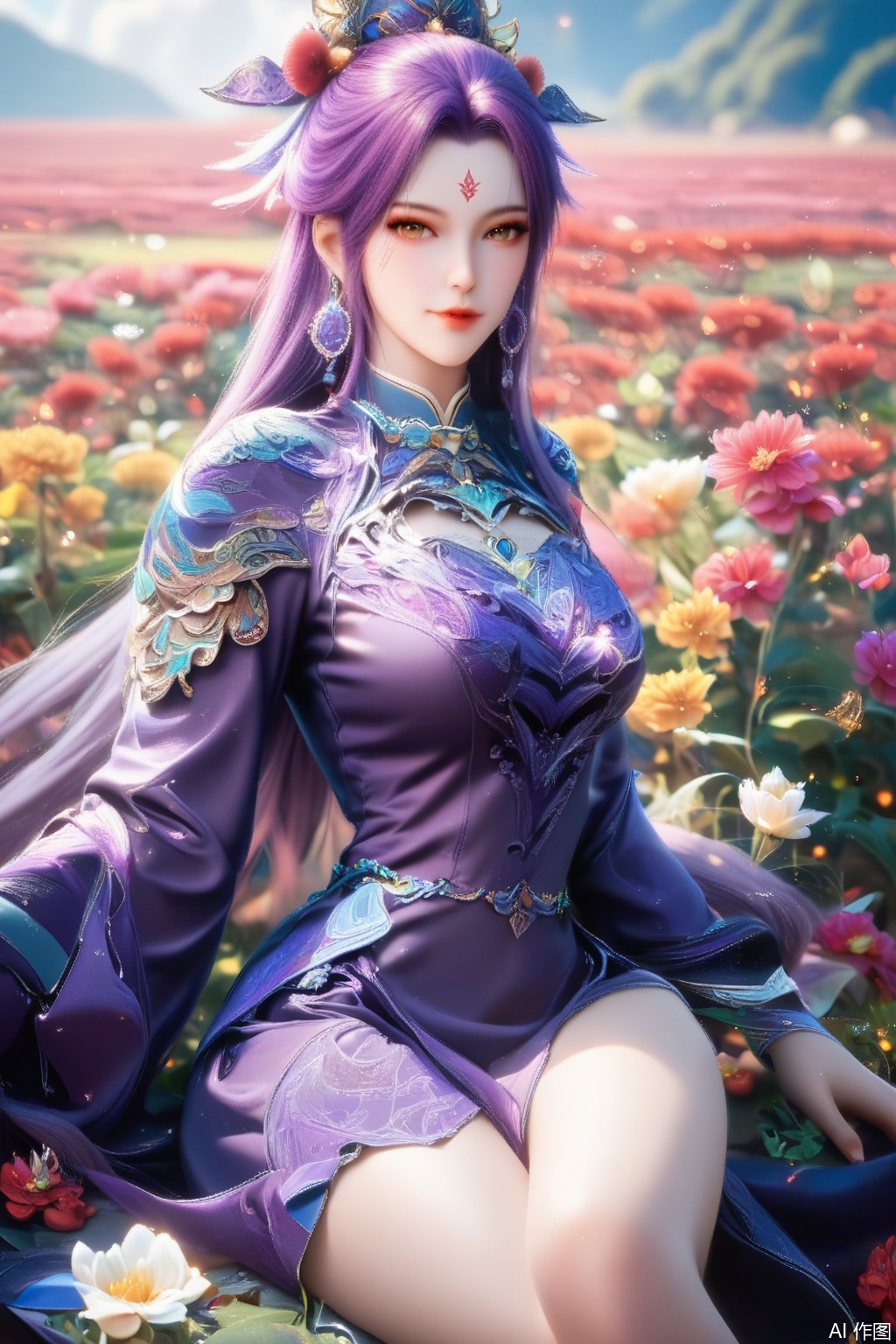 score_9,score_8_up,1girl, solo, long hair, looking at viewer, hair ornament, long sleeves, dress, jewelry, sitting, purple hair, earrings, clothing cutout, bare legs, facial mark, chinese clothes, purple dress, forehead mark,upper body,looking at viewer,flower field,flower field,