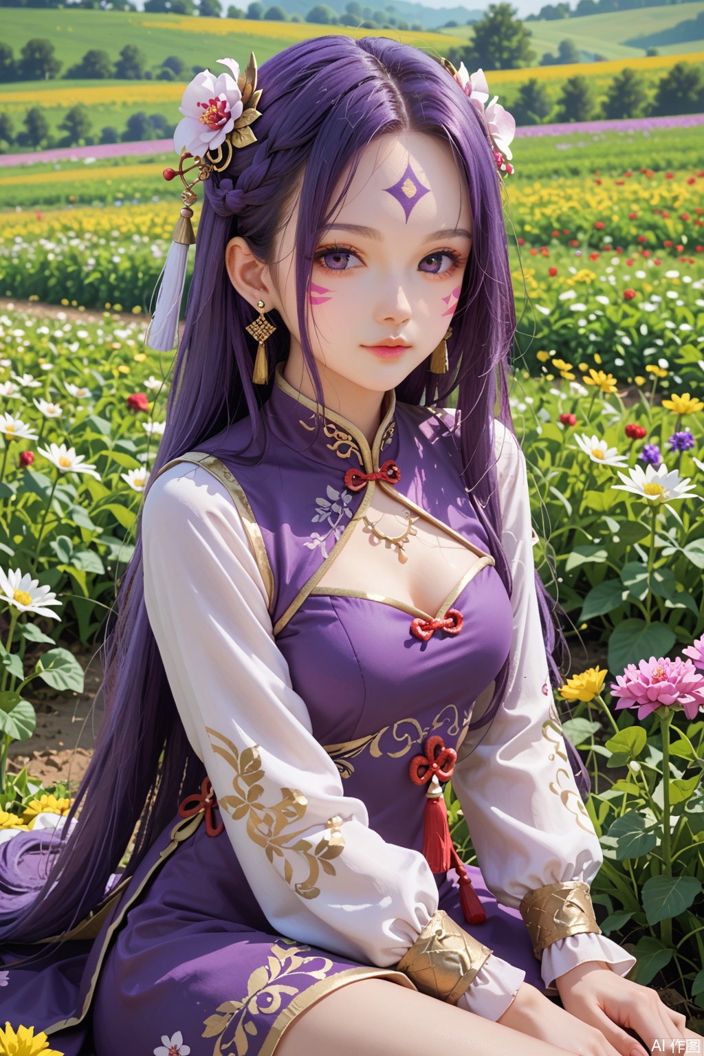 score_9,score_8_up,1girl, solo, long hair, looking at viewer, hair ornament, long sleeves, dress, jewelry, sitting, purple hair, earrings, clothing cutout, bare legs, facial mark, chinese clothes, purple dress, forehead mark,upper body,looking at viewer,flower field,flower field,