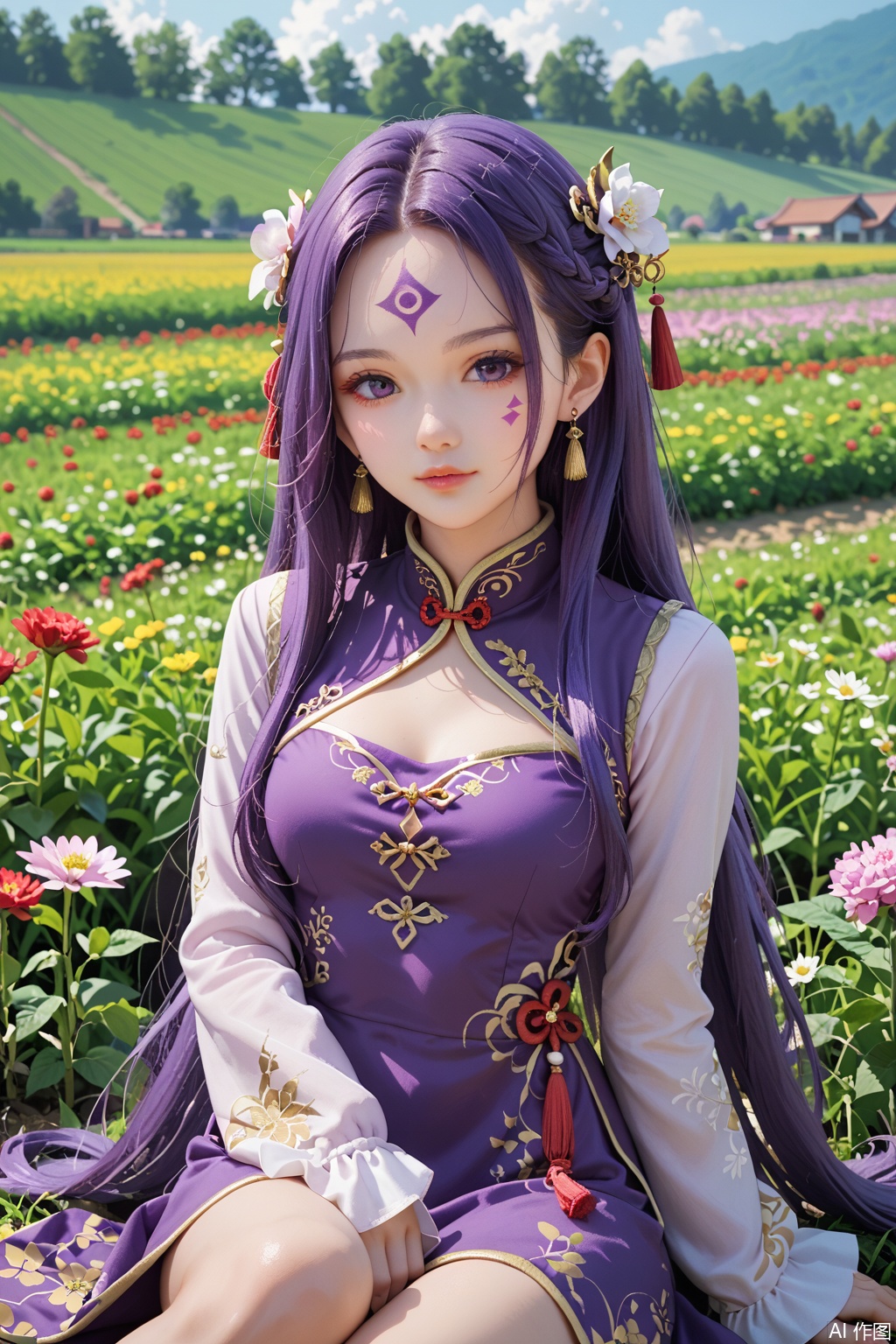 score_9,score_8_up,1girl, solo, long hair, looking at viewer, hair ornament, long sleeves, dress, jewelry, sitting, purple hair, earrings, clothing cutout, bare legs, facial mark, chinese clothes, purple dress, forehead mark,upper body,looking at viewer,flower field,flower field,