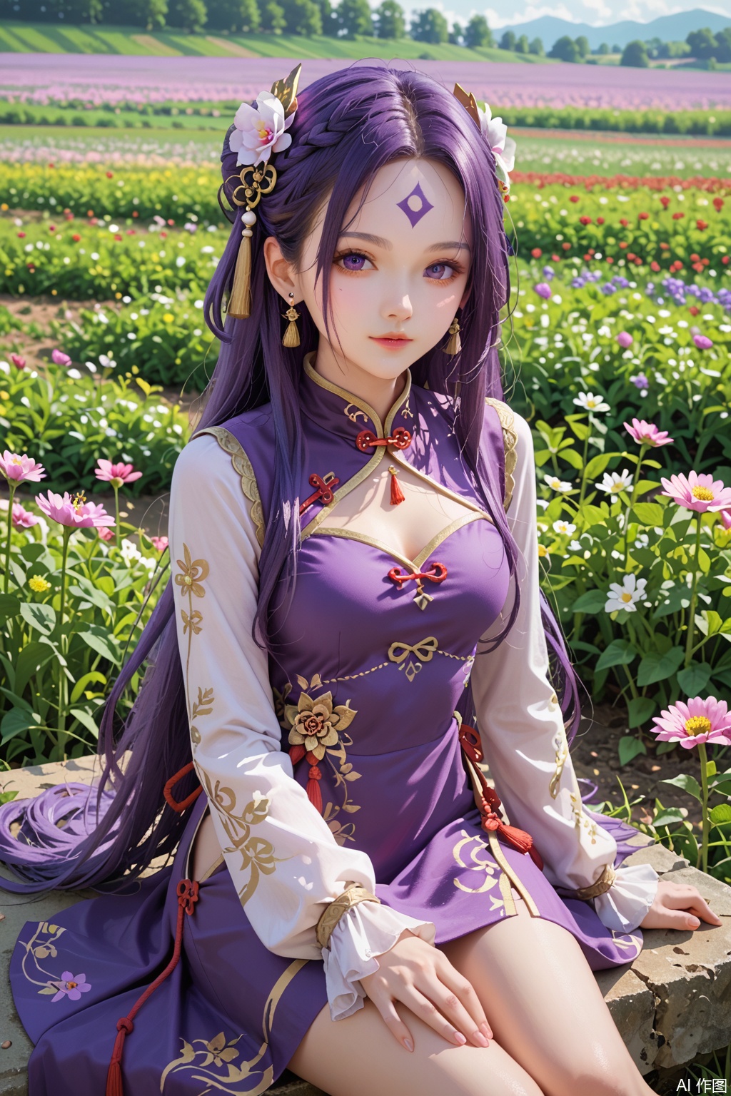 score_9,score_8_up,1girl, solo, long hair, looking at viewer, hair ornament, long sleeves, dress, jewelry, sitting, purple hair, earrings, clothing cutout, bare legs, facial mark, chinese clothes, purple dress, forehead mark,upper body,looking at viewer,flower field,flower field,