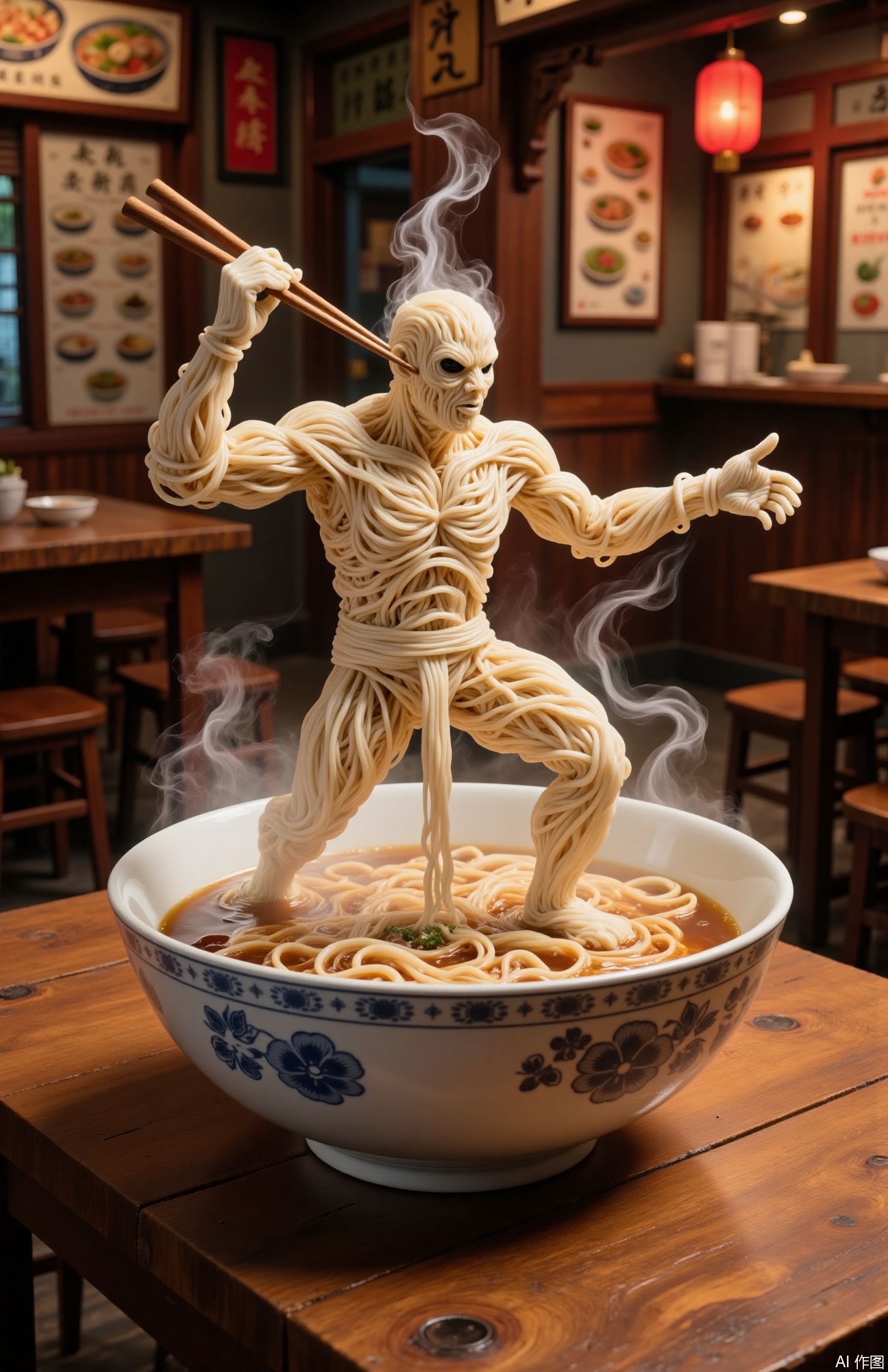 The image depicts a creative and humorous scene where a bowl of noodles is intricately designed to resemble a human figure. The figure is holding a pair of chopsticks, and steam is rising from the bowl, suggesting that the noodles are hot. The bowl itself is white with blue floral patterns, and it sits on a wooden table. In the background, there is a cozy restaurant setting with a menu displaying various dishes, a red lantern, and some other food items. The overall atmosphere is warm and inviting, with a focus on the whimsical and artistic presentation of the noodles.