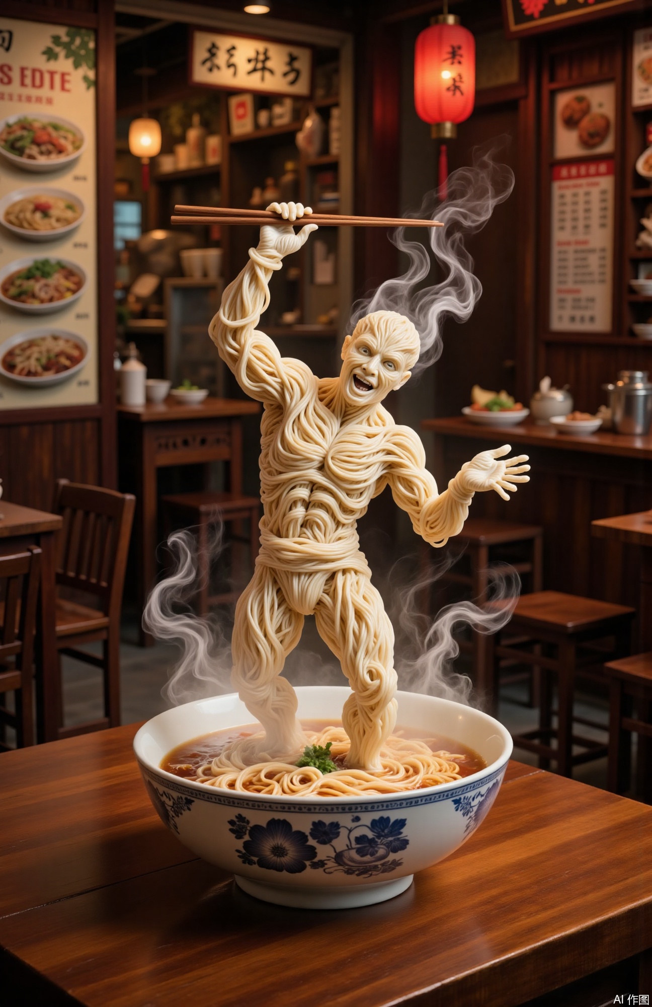 The image depicts a creative and humorous scene where a bowl of noodles is intricately designed to resemble a human figure. The figure is holding a pair of chopsticks, and steam is rising from the bowl, suggesting that the noodles are hot. The bowl itself is white with blue floral patterns, and it sits on a wooden table. In the background, there is a cozy restaurant setting with a menu displaying various dishes, a red lantern, and some other food items. The overall atmosphere is warm and inviting, with a focus on the whimsical and artistic presentation of the noodles.