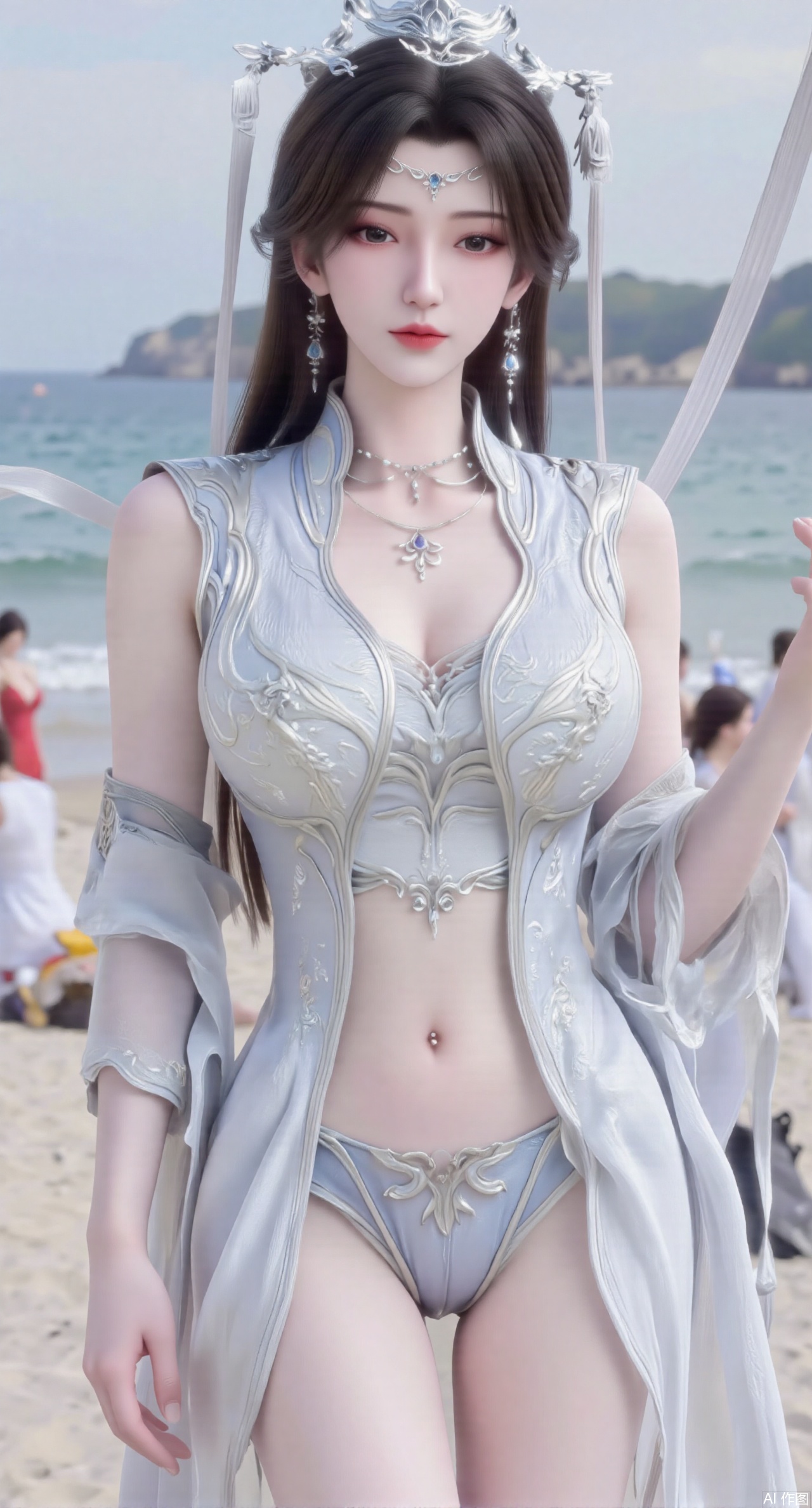 (masterpiece:1.2),best quality,3D animation,CG,absurdres,masterpiece,original,extremely detailed wallpaper,perfect lighting,(extremely detailed CG:1.2),1girl,solo,standing,(huge breasts:2.69),(full breasts:2.59),,looking at viewer,(cowboy_shot:1.1),long hair,high heels,blurry background,depth of field,motion blur,long dress,china_dress,chinese_style,bare shouders,crystal_earrings,headpiece,hair_tie,chest_jewel,gem,necklace,jewelry,in summer,day,outdoors,nature,sea,(rose,beach:1.49),(huge breasts:2.99),(full breasts:2.99),(very long legs,Diamond-studded high heels:1.5),XlimuwanJCB,XcaiyunK,Xxueliu