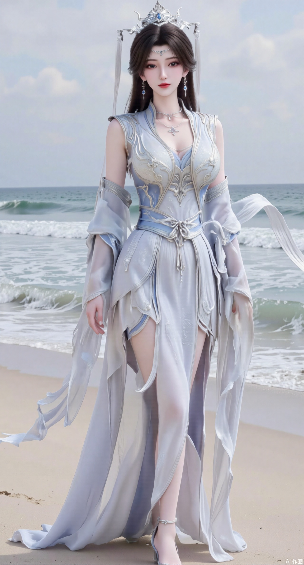 (masterpiece:1.2),best quality,3D animation,CG,absurdres,masterpiece,original,extremely detailed wallpaper,perfect lighting,(extremely detailed CG:1.2),1girl,solo,standing,(huge breasts:2.69),(full breasts:2.59),,looking at viewer,(cowboy_shot:1.1),long hair,high heels,blurry background,depth of field,motion blur,long dress,china_dress,chinese_style,bare shouders,crystal_earrings,headpiece,hair_tie,chest_jewel,gem,necklace,jewelry,in summer,day,outdoors,nature,sea,(rose,beach:1.49),(huge breasts:2.99),(full breasts:2.99),(very long legs,Diamond-studded high heels:1.5),XlimuwanJCB,XcaiyunK,Xxueliu